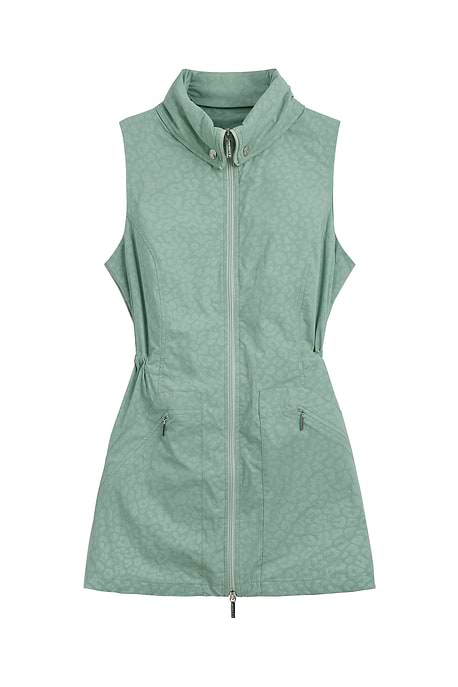 The Best Travel Vest. Flat Lay of the Embossed Delaney Vest in Cheetah Sage.
