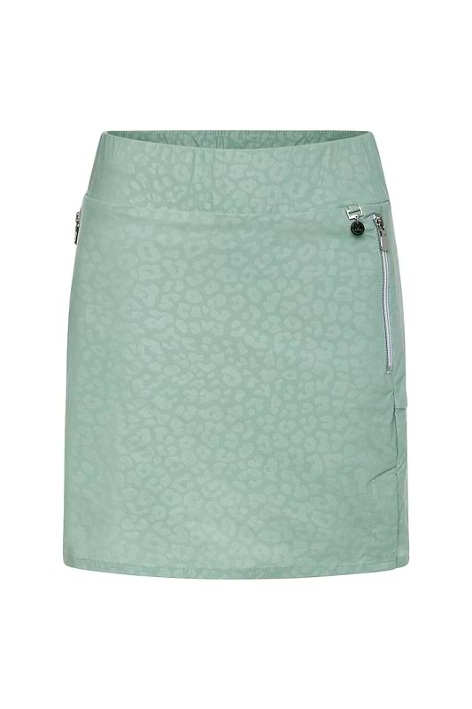 The Best Travel Skirt. Flat Lay of an Embossed Suzzette Skort in Cheetah Sage.