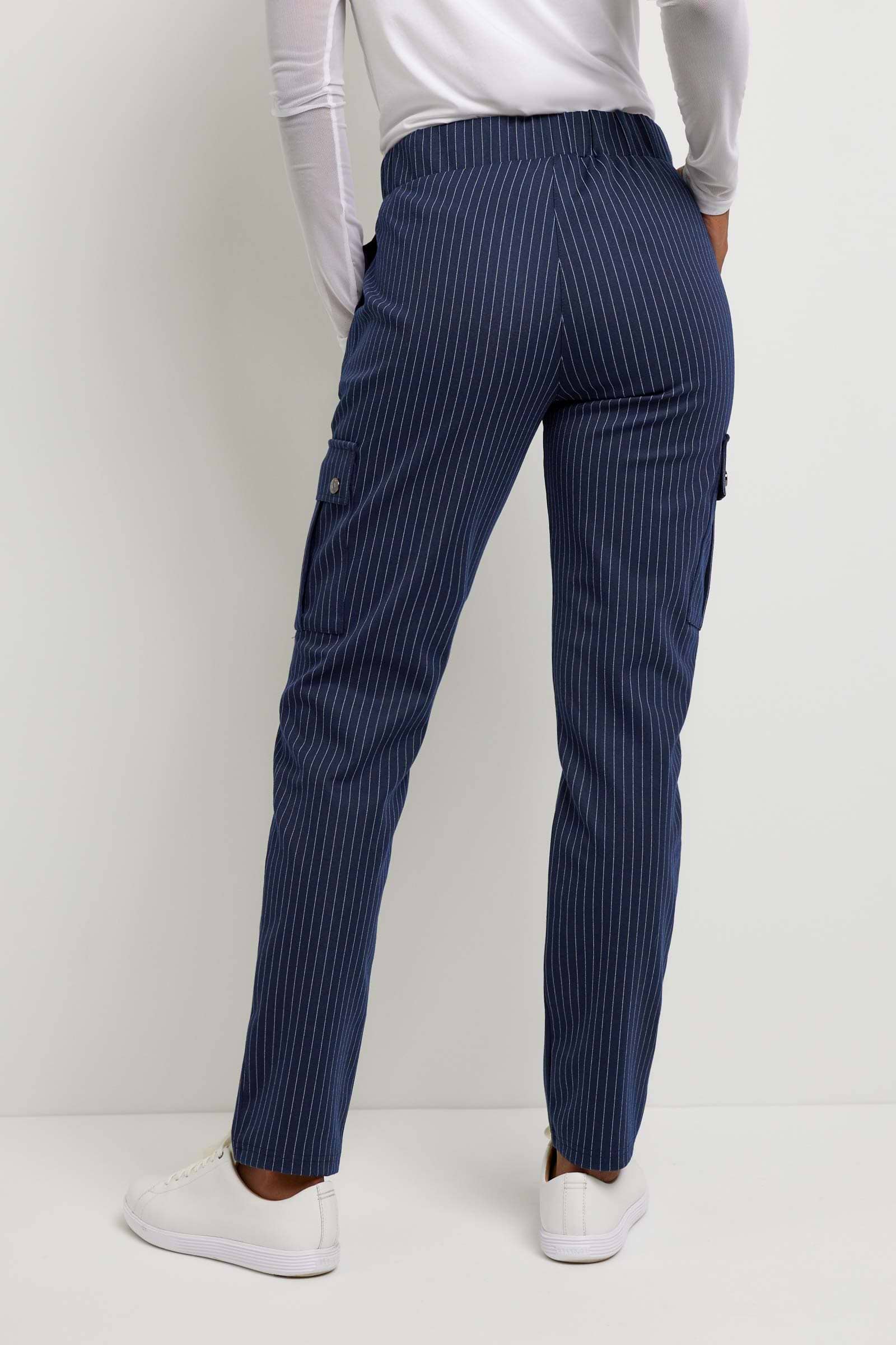 The Best Travel Pant. Back Profile of an Indie Pant in Navy/White.