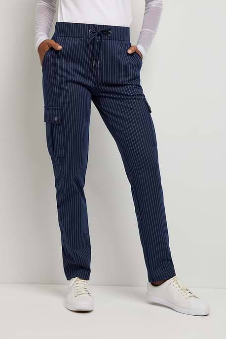 The Best Travel Pant. Front Profile of an Indie Pant in Navy/White.