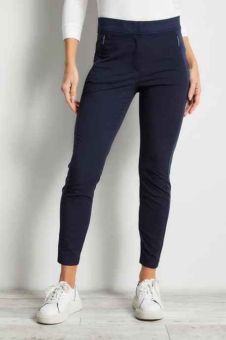 The Best Travel Pants. Front Profile of the Ipant Hybrid Zip Front Slim Fit Pant in Navy
