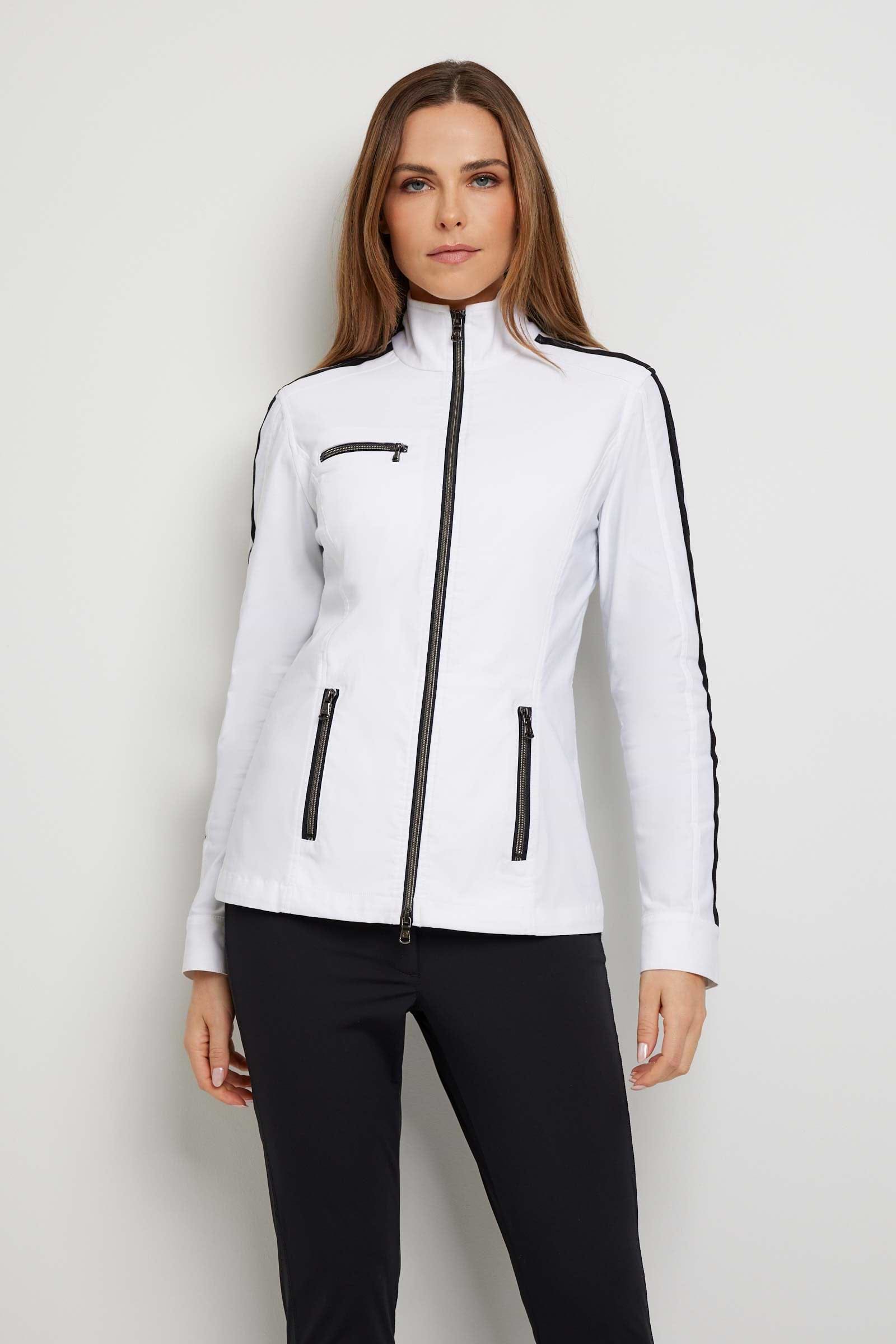 The Best Travel Jacket. Woman Showing the Front Profile of a Justine Jacket in White.