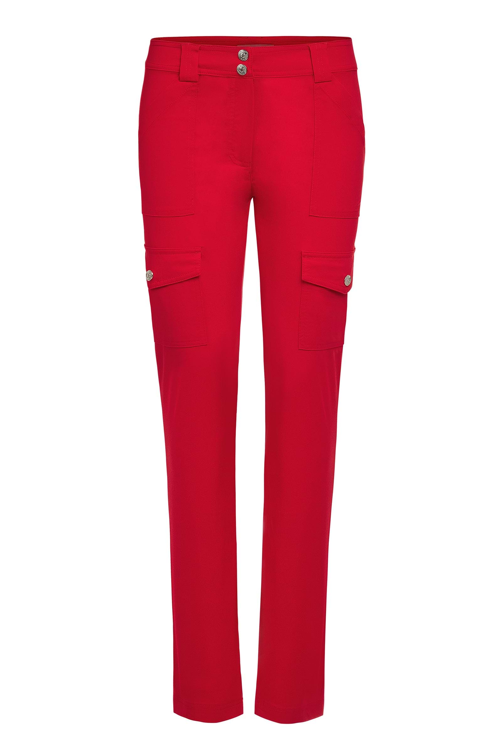 The Best Travel Cargo Pants. Flat Lay of the Kate Skinny Cargo Pant in Atomic Red.