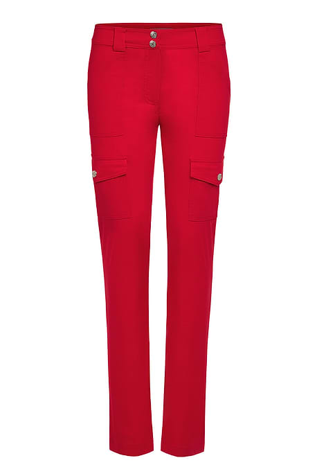The Best Travel Cargo Pants. Flat Lay of the Kate Skinny Cargo Pant in Atomic Red.