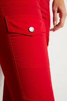 The Best Travel Cargo Pants. Leg Pocket of the Kate Skinny Cargo Pant in Atomic Red.