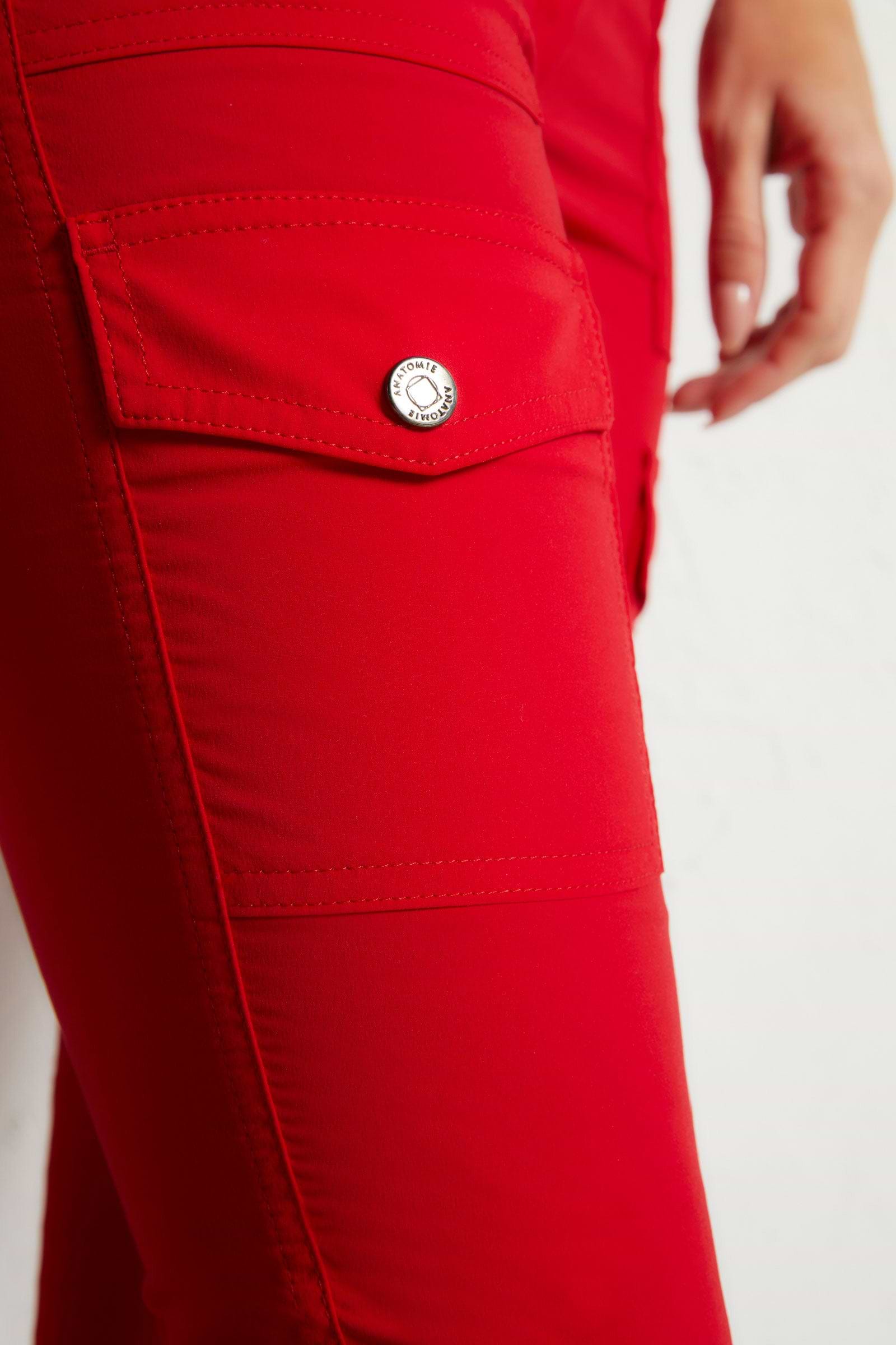 The Best Travel Cargo Pants. Leg Pocket of the Kate Skinny Cargo Pant in Atomic Red.