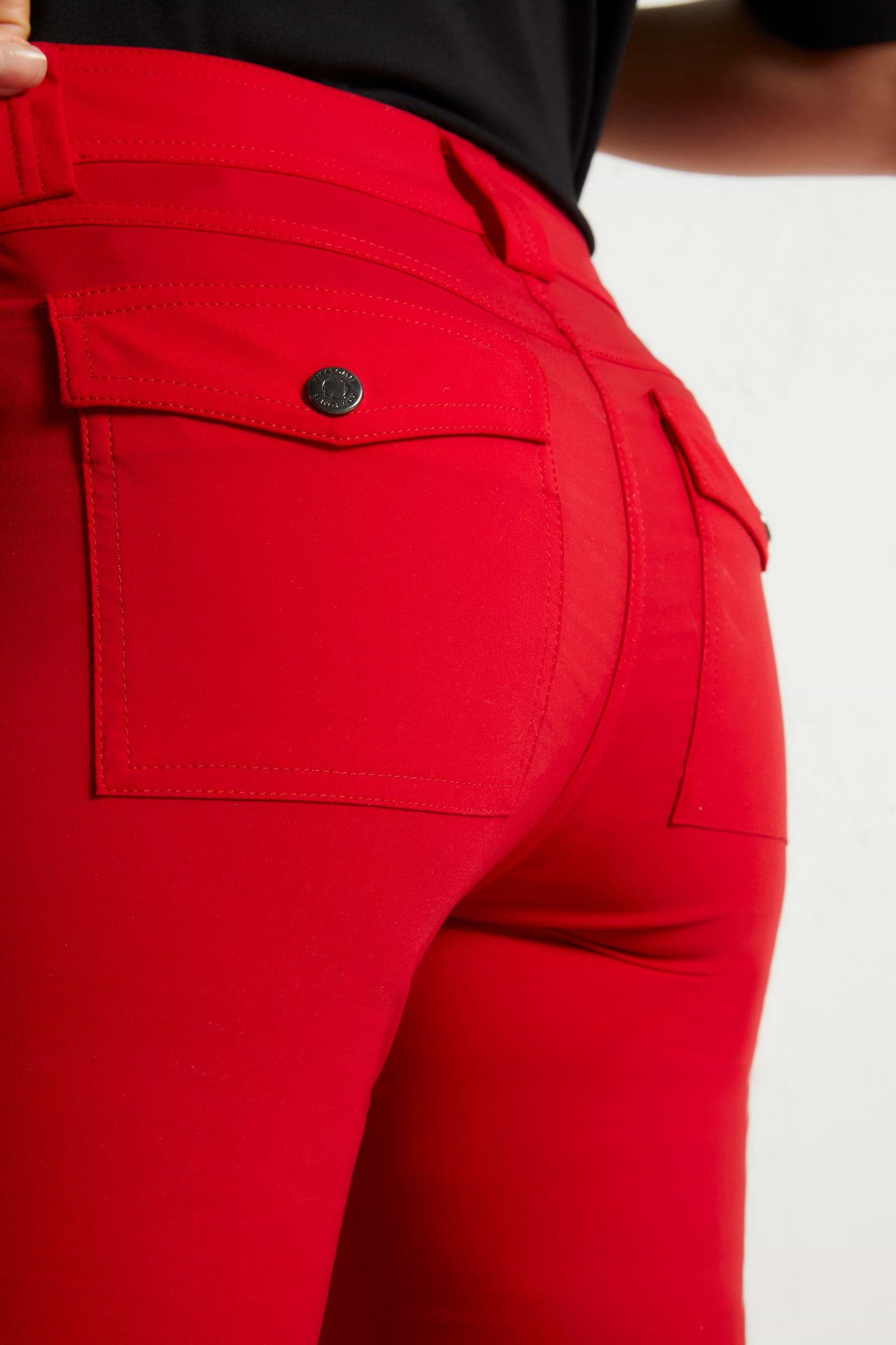 The Best Travel Cargo Pants. Back Pocket of the Kate Skinny Cargo Pant in Atomic Red.