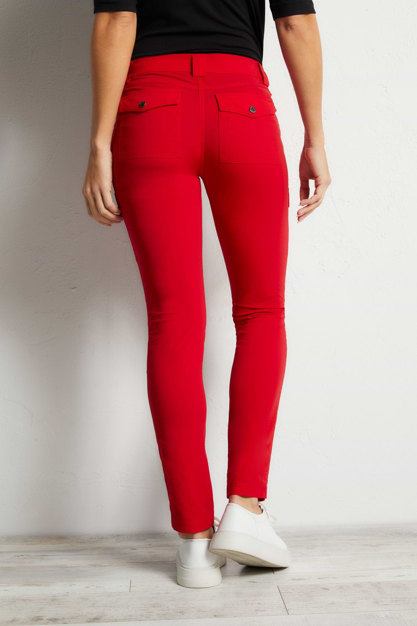 The Best Travel Cargo Pants. Back Profile of the Kate Skinny Cargo Pant in Atomic Red.