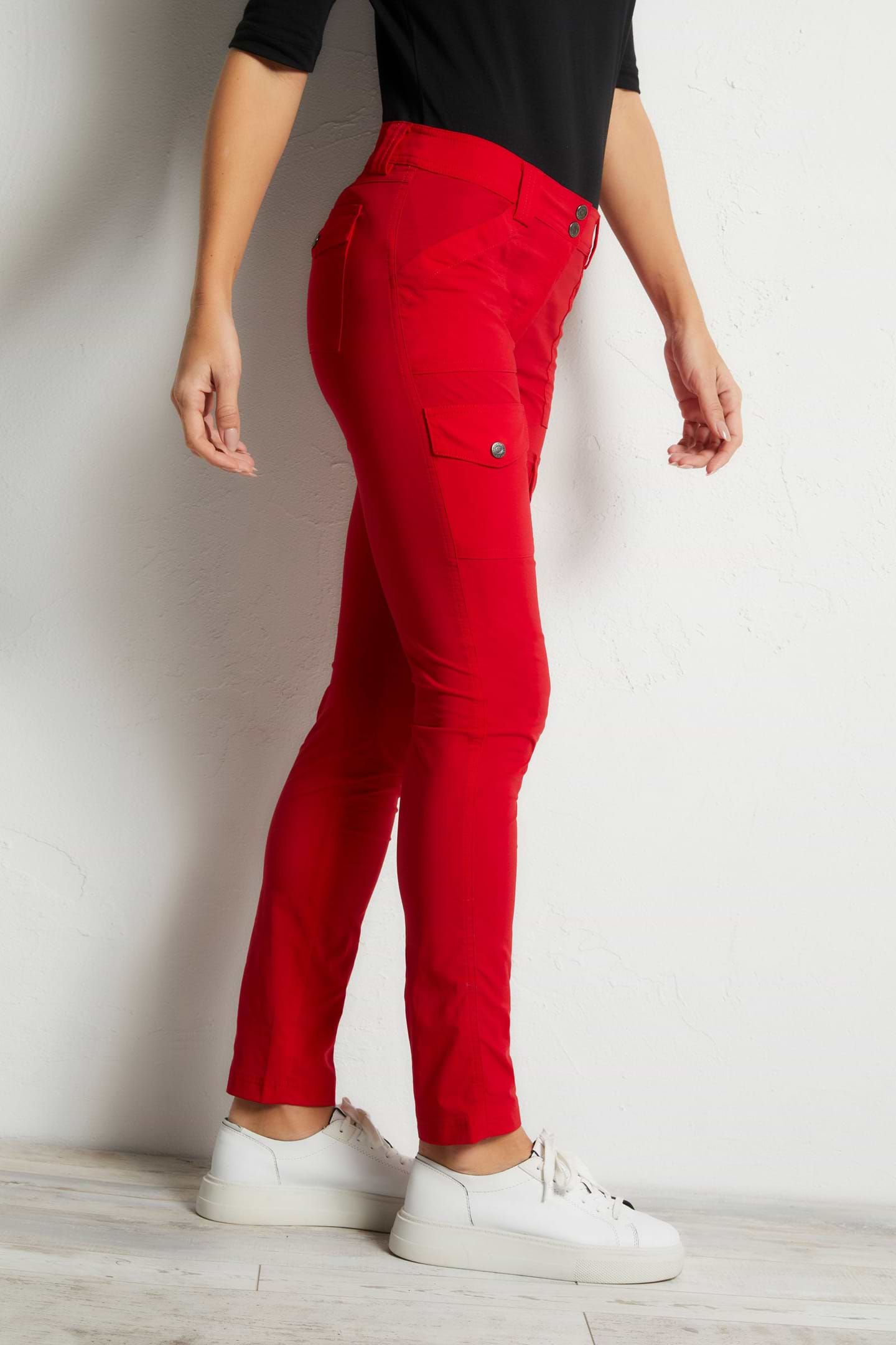 The Best Travel Cargo Pants. Side Profile of the Kate Skinny Cargo Pant in Atomic Red.