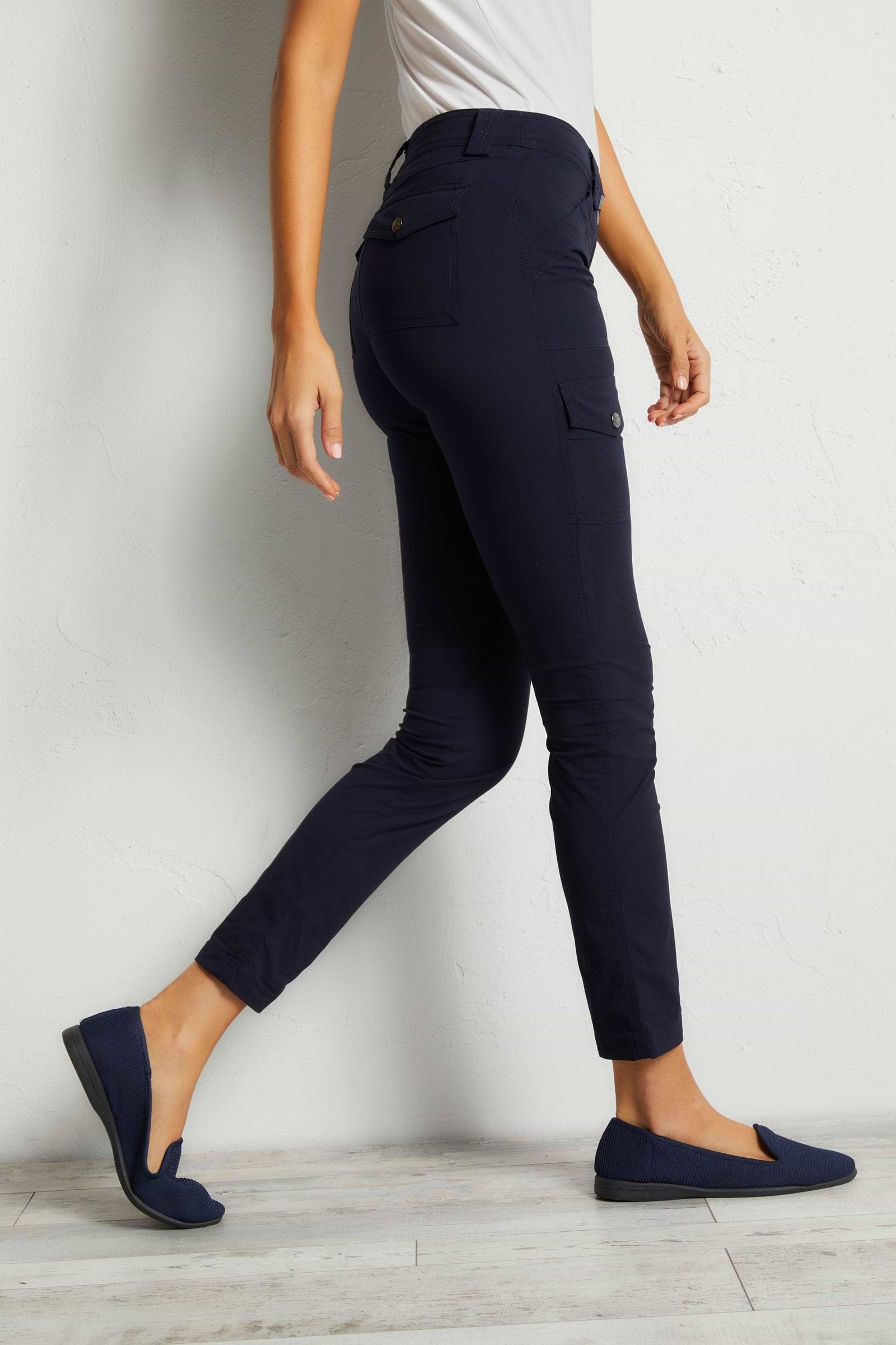 The Best Travel Cargo Pants. Side Profile of the Kate Skinny Cargo Pant in Navy