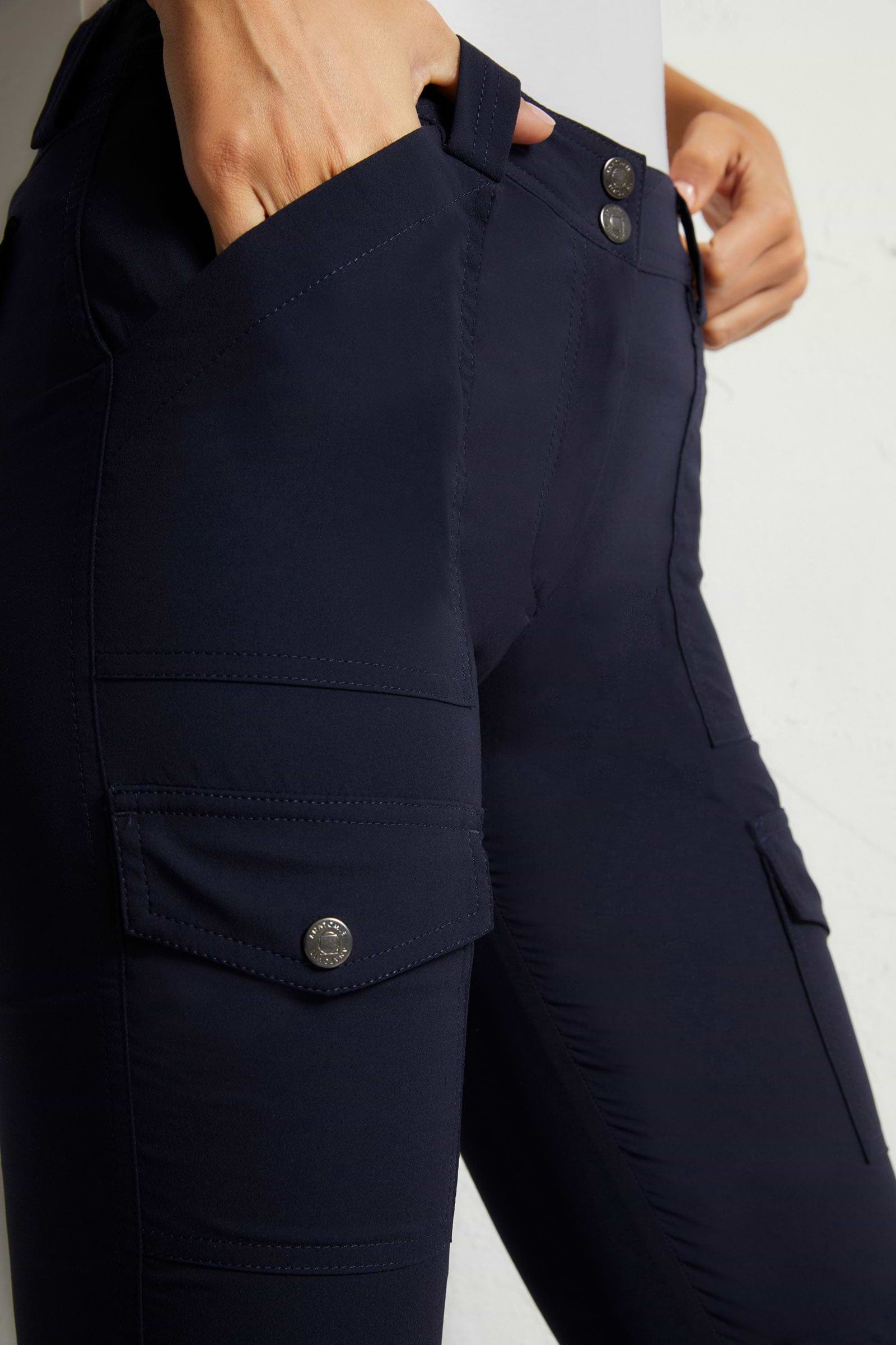 The Best Travel Cargo Pants. Front Pocket on Skinny Cargo Pant in Navy