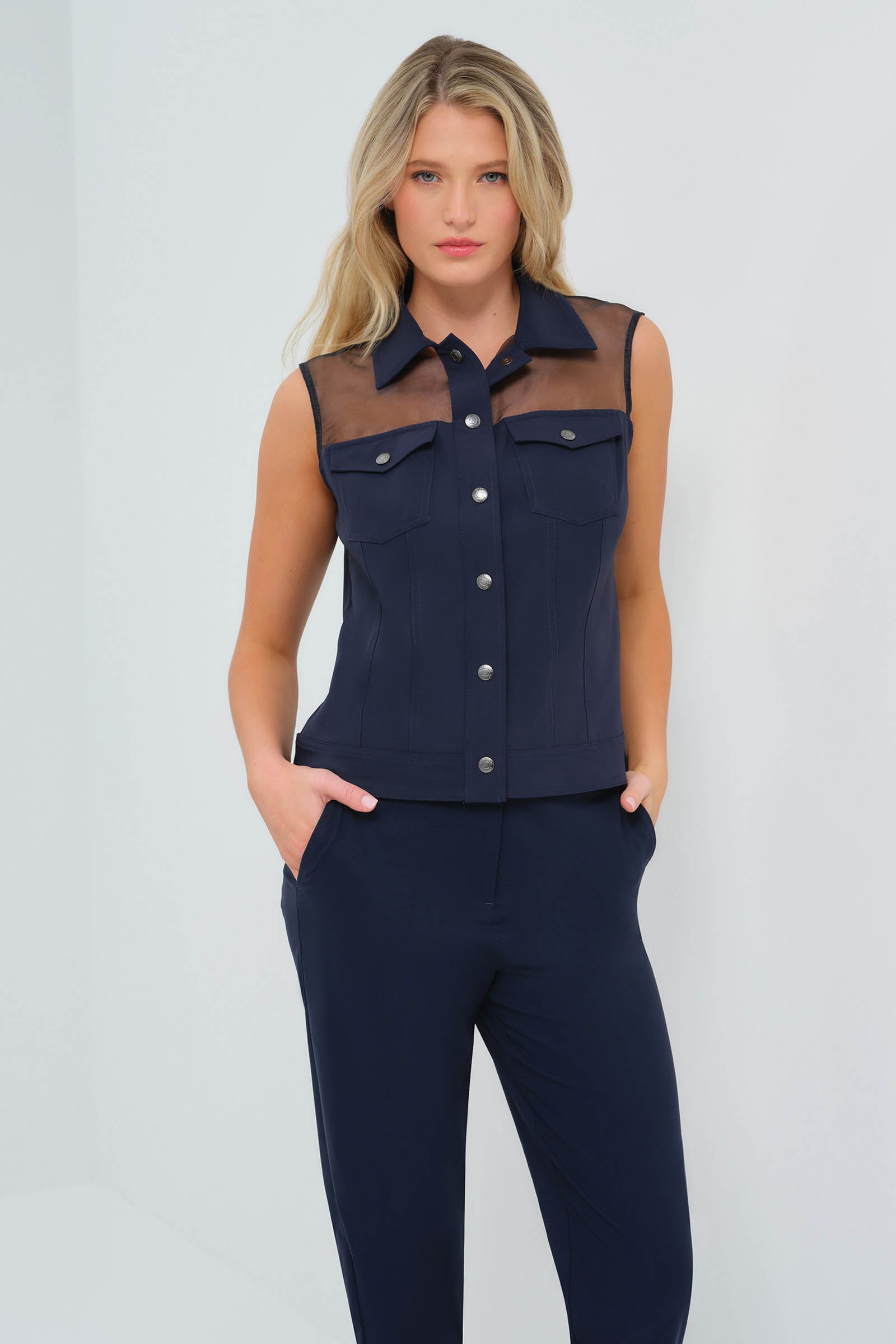 Lenox Organza & Performance Twill Sleeveless Trucker Vest