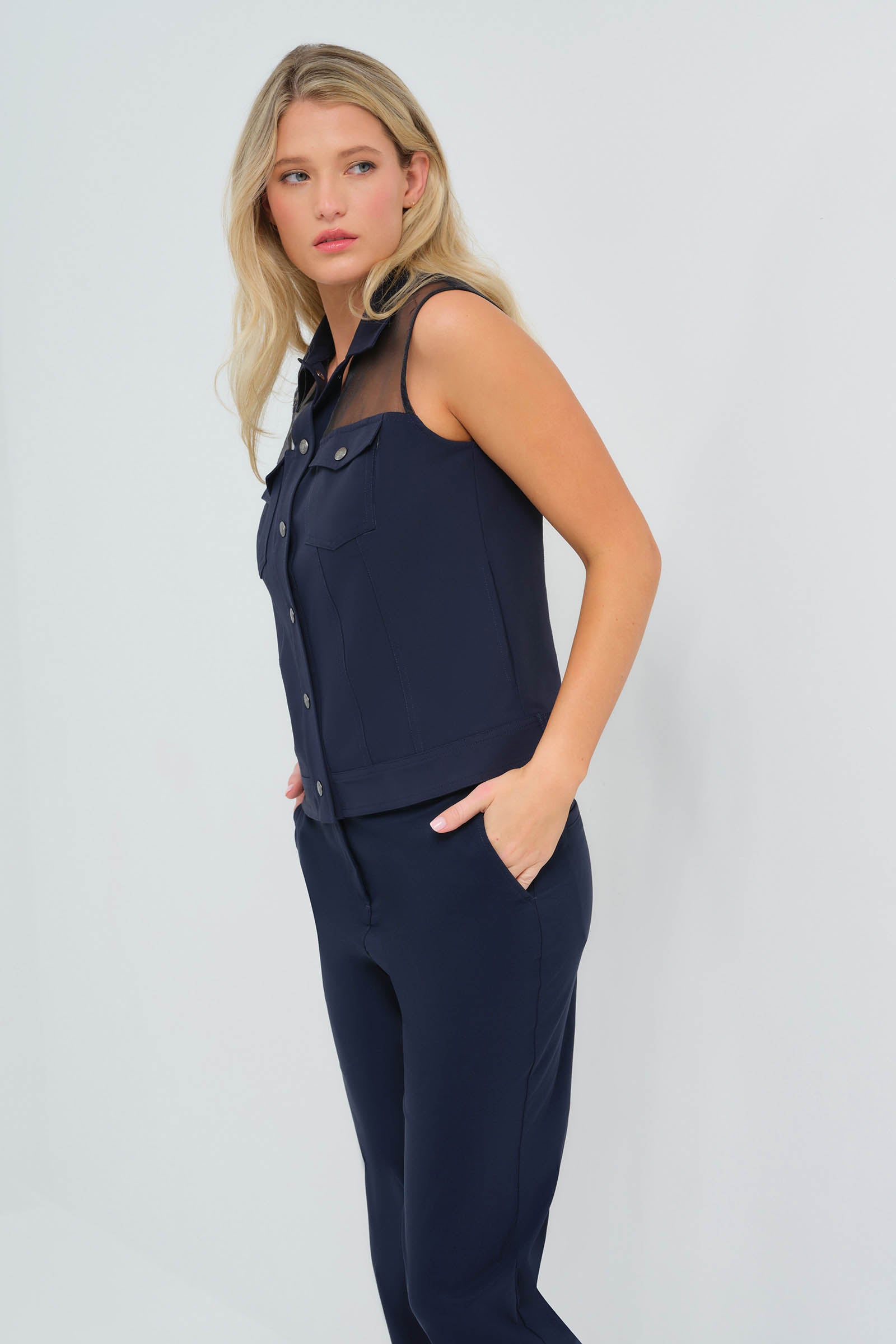 Lenox Organza & Performance Twill Sleeveless Trucker Vest