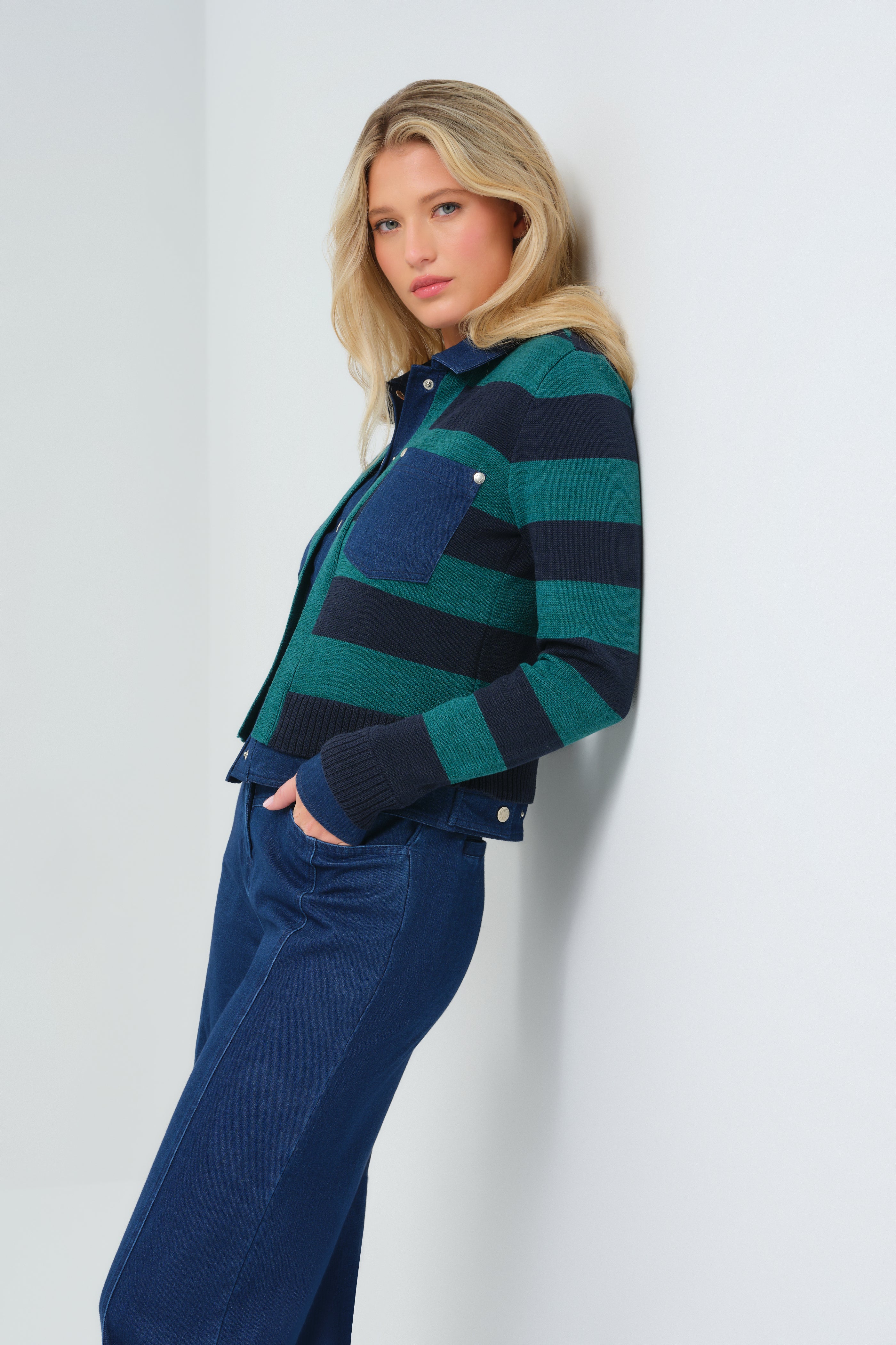 Sienna Sweater Knit & Performance Denim Trucker Jacket