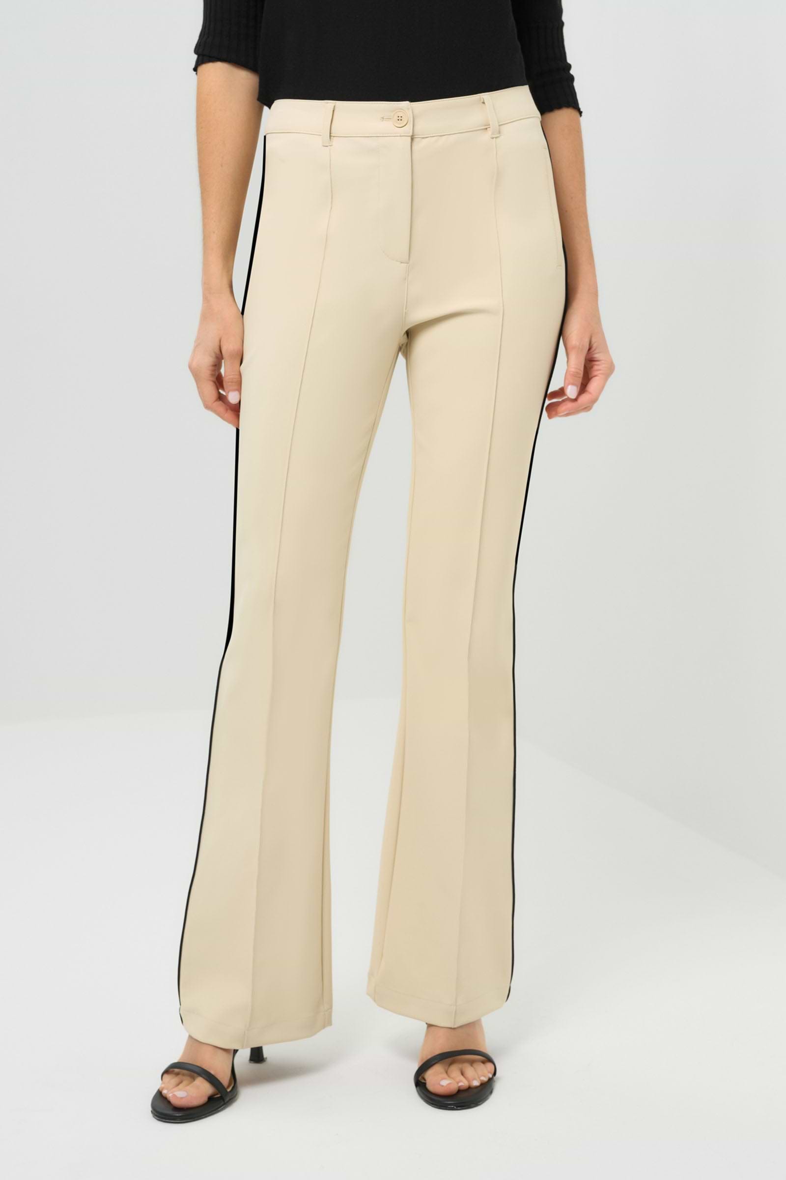 Close-up view of wheat pants with a black stripe on the side.