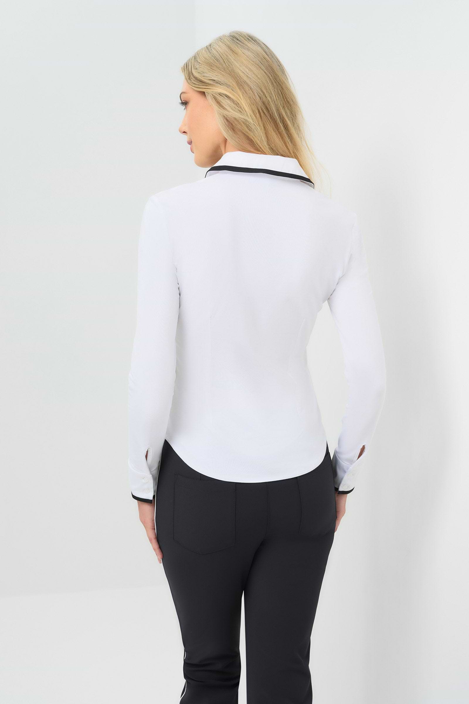 Back view white long-sleeve zip-front blouse featuring a contrasting black trim along the collar, zipper placket, and cuffs.