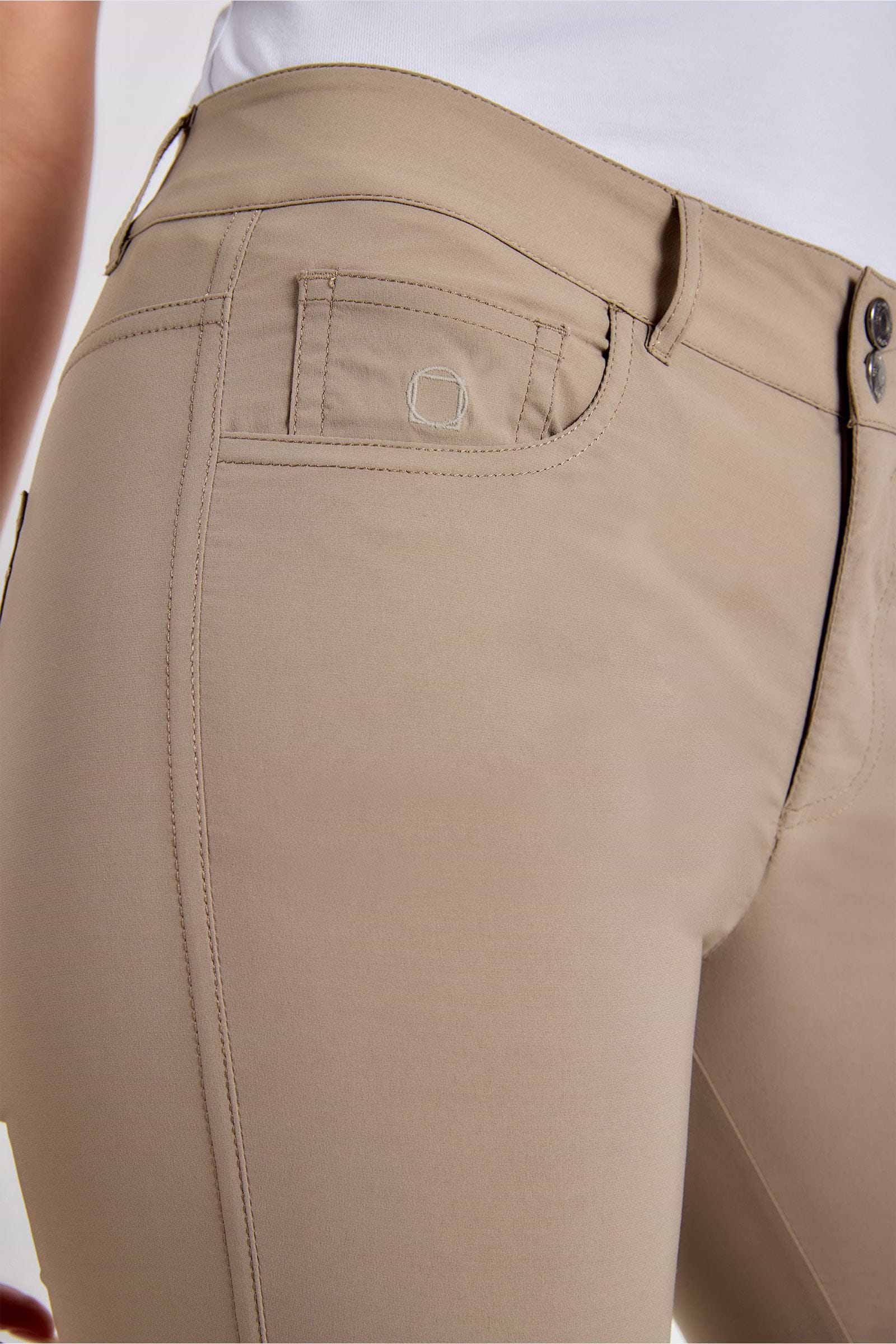 The Best Travel Pants. Front Pocket of the Luisa Skinny Jean Pant in Khaki