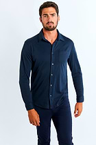 The Best Travel Top. Man Showing the Front Profile of a Men's Nick Top in Navy.
