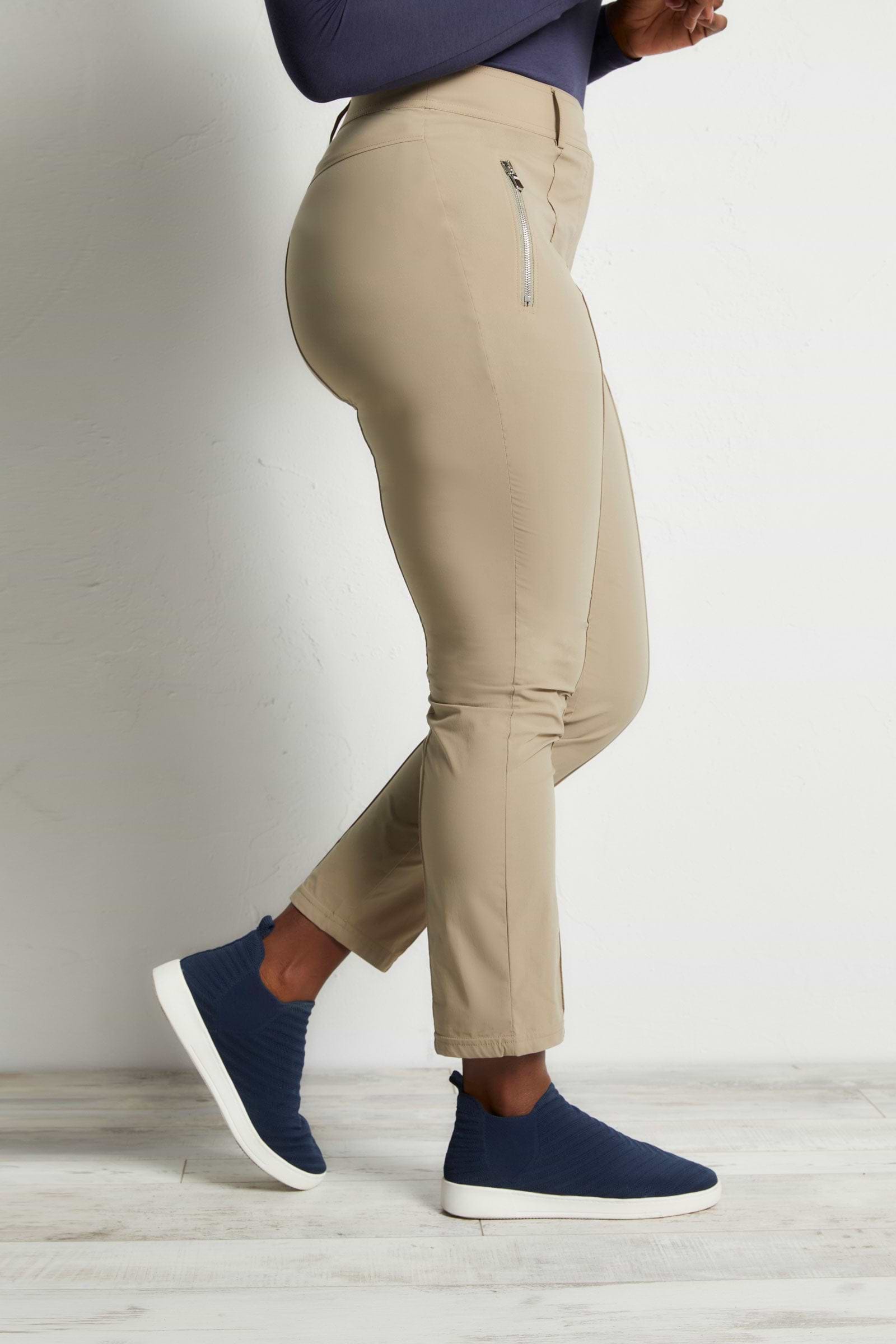 The Best Travel Pants. Side Profile of the Peggy Zippered Pant in Khaki