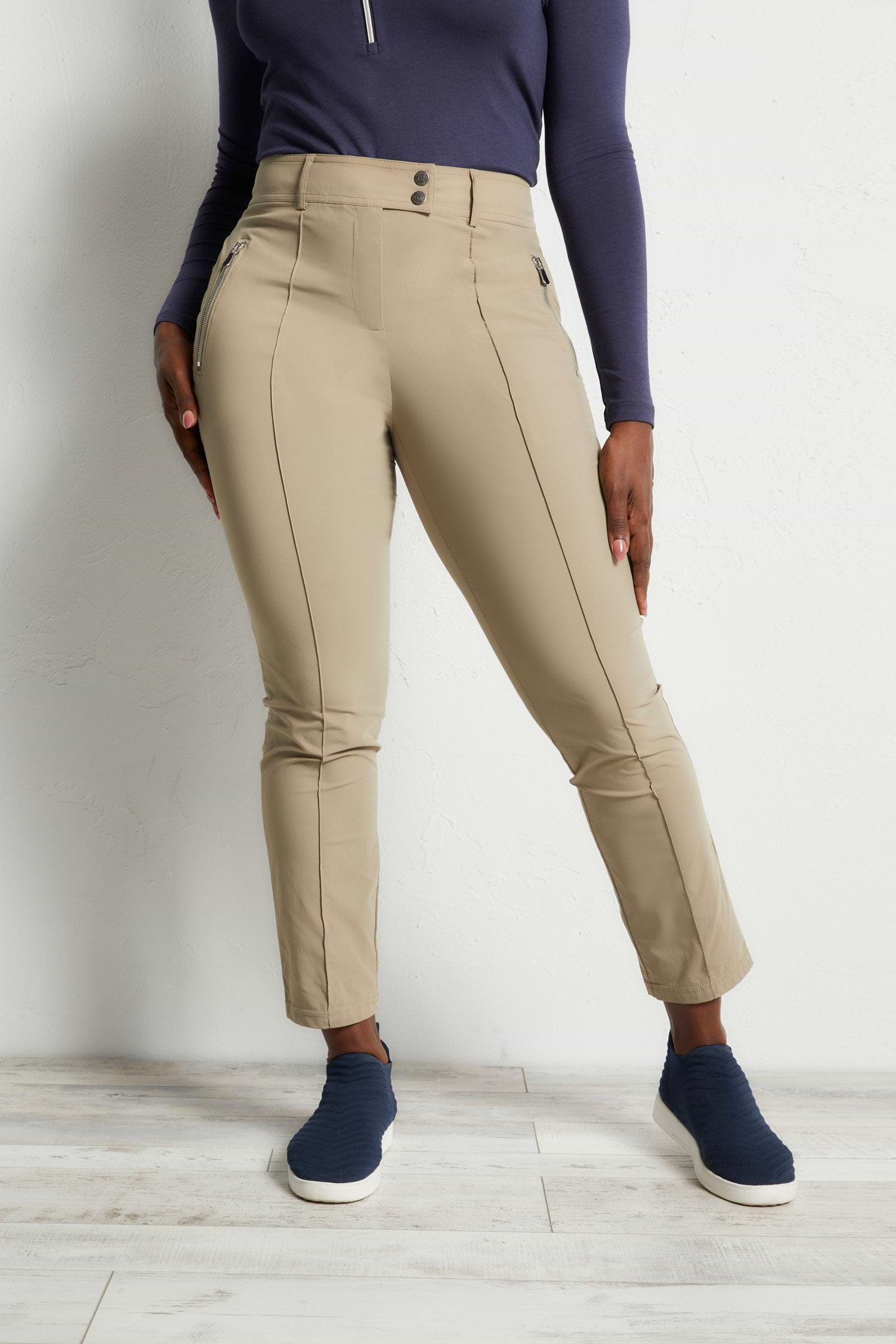 The Best Travel Pants. Front Profile of the Peggy Zippered Pant in Khaki