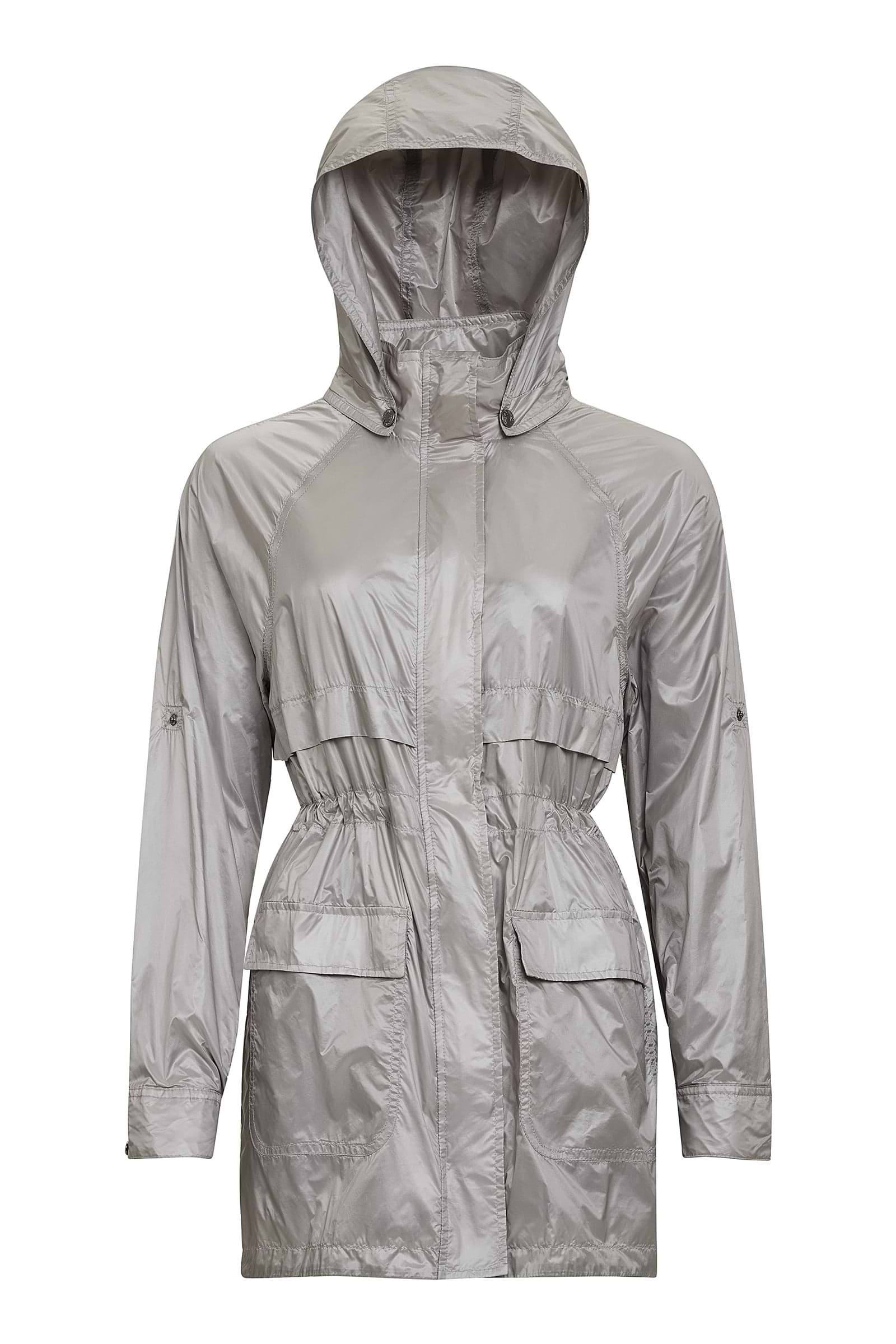The Best Travel Jacket. Flat Lay of a Ramona Windbreaker Jacket in Silver Grey.