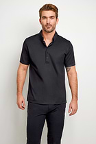 The Best Travel Top. Man Showing the Front Profile of a Men's Ryan Polo in Black.