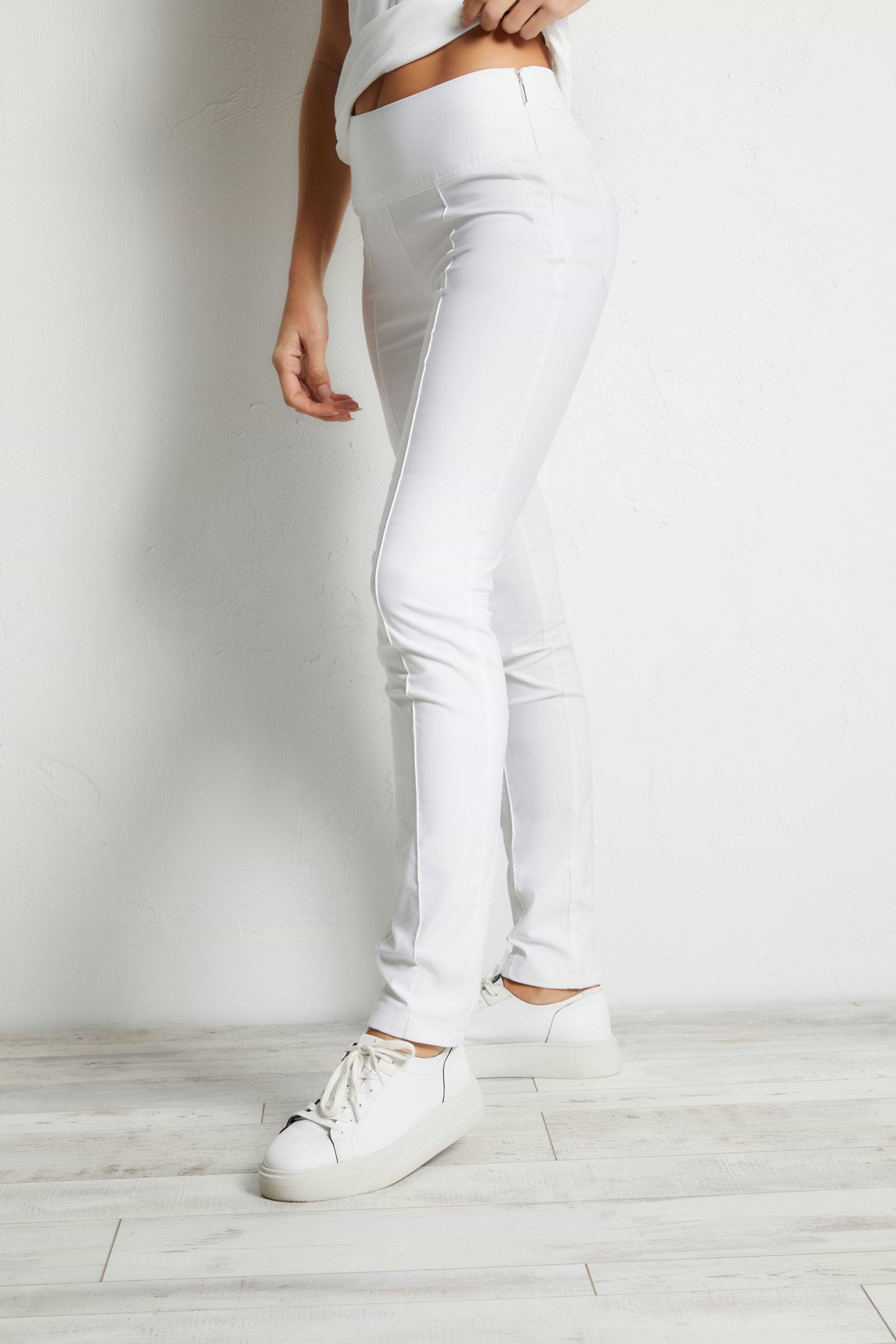 The Best Travel Pants. Side Profile of the Sonia Curvy High Rise Pant in White