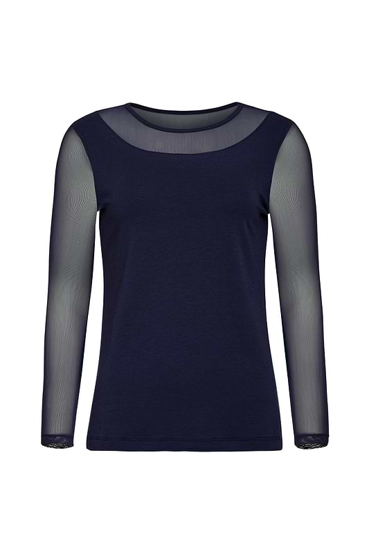 The Best Travel Top. Flat Lay of a Kim Mesh-Sleeve Top in Pima Modal in Navy.
