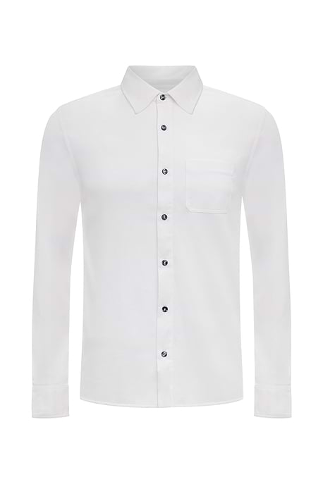 The Best Travel Top. Flat Lay of a Men's Nick Top in White.