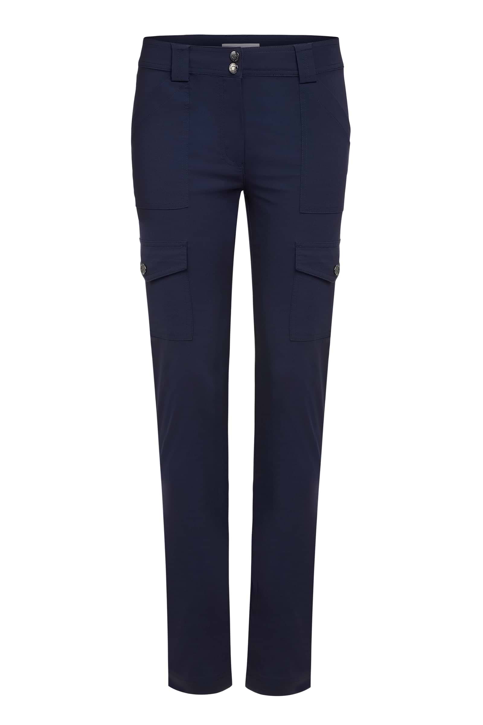The Best Travel Cargo Pants. Flat Lay of the Kate Skinny Cargo Pant in Navy