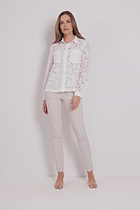 Video of an Estella Stretch Lace Button Up Top in Off White.