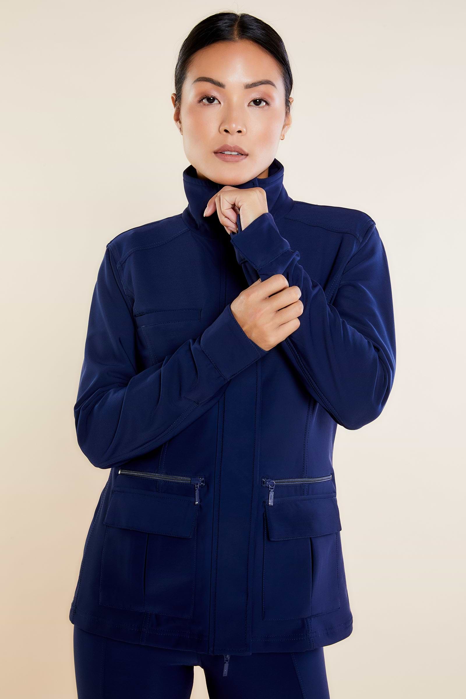 The Best Travel Fleece-Lined Jacket. Woman Showing the Front Profile of a Kenya Cozy Fleece-Lined Jacket in Navy