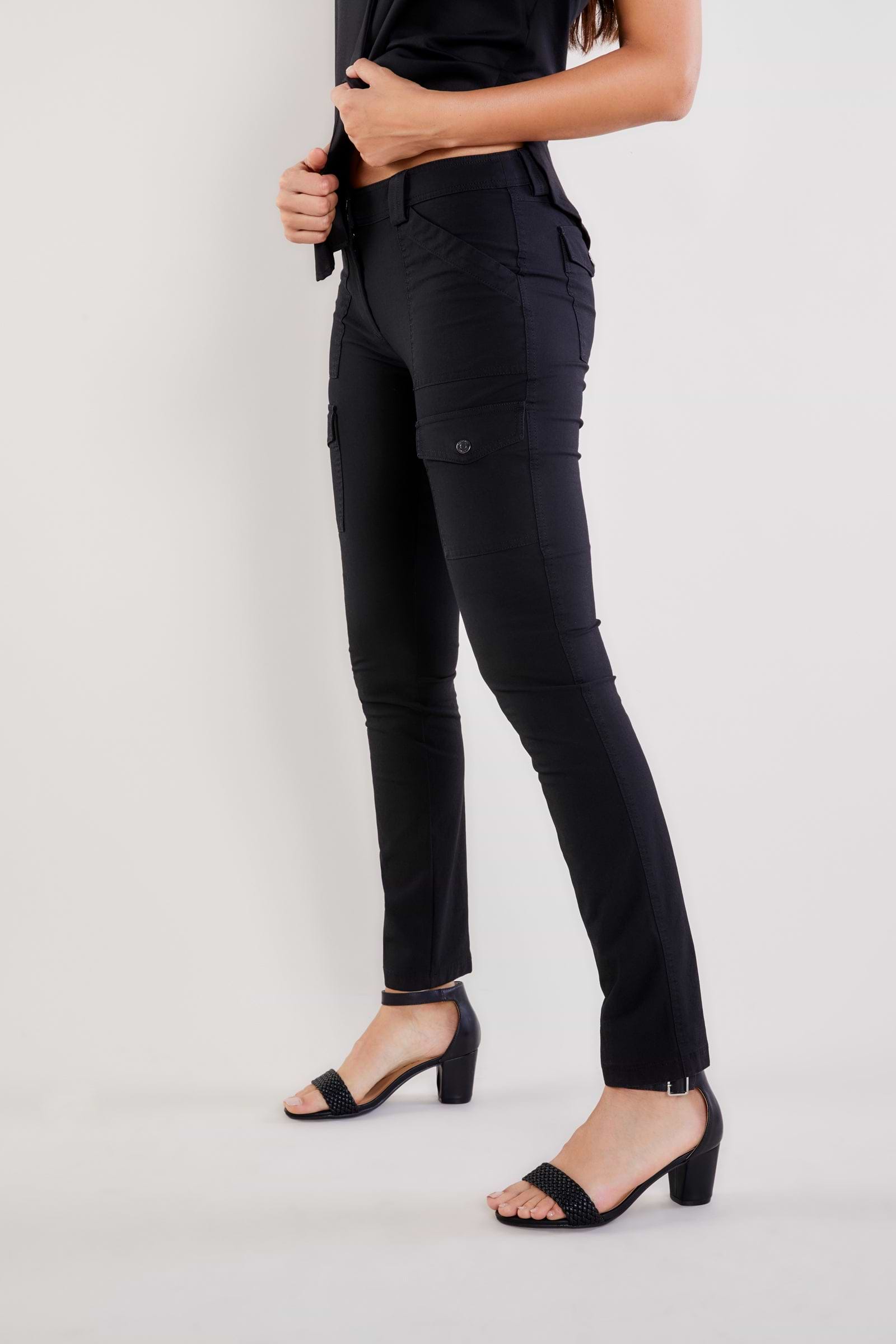 The Best Travel Cargo Pants. Side Profile of the Kate Skinny Cargo Pant in Black