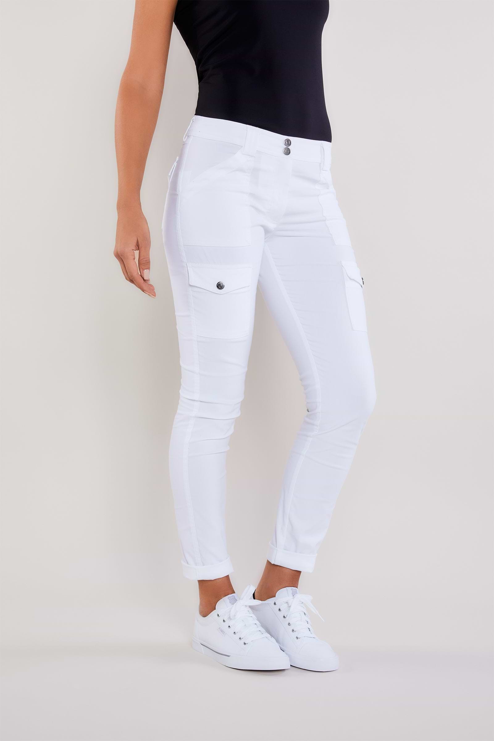 The Best Travel Cargo Pants. Side Profile of the Kate Skinny Cargo Pant in White