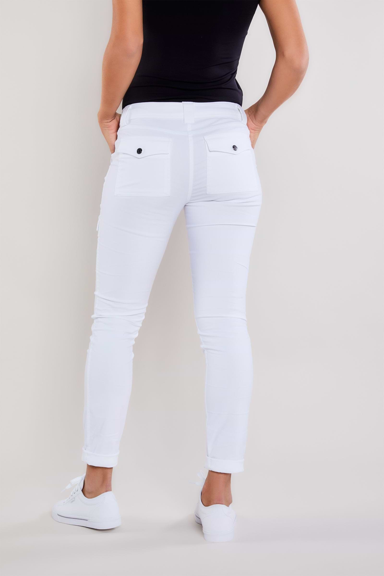 The Best Travel Cargo Pants. Back Profile of the Kate Skinny Cargo Pant in White