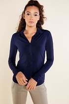 The Best Travel Top. Woman Showing the Front Profile of a Danica Snap On Super Jersey Top in Navy