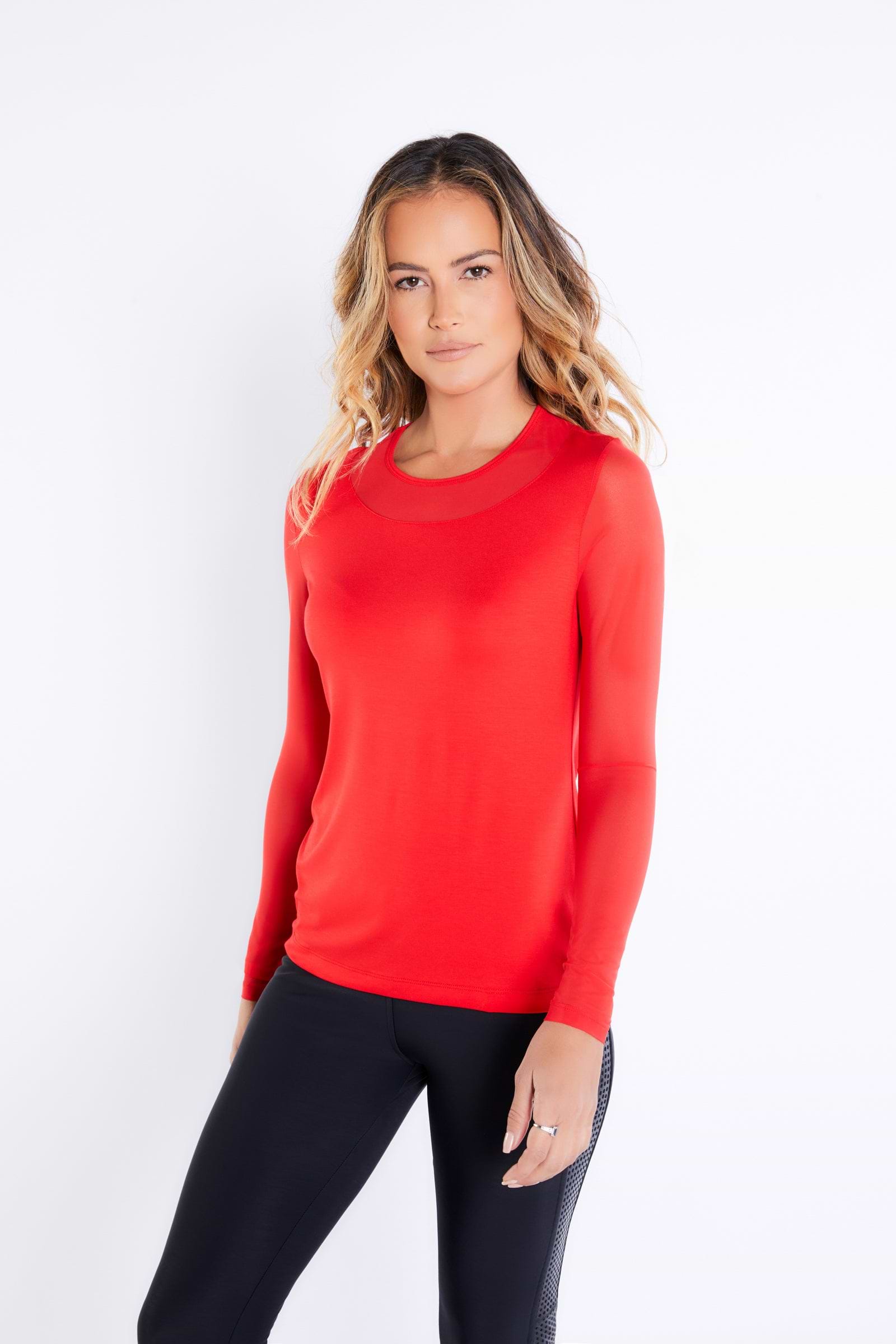 The Best Travel Top. Woman Showing the Front Profile of a Kim Mesh-Sleeve Top in Pima Modal in Atomic Red.