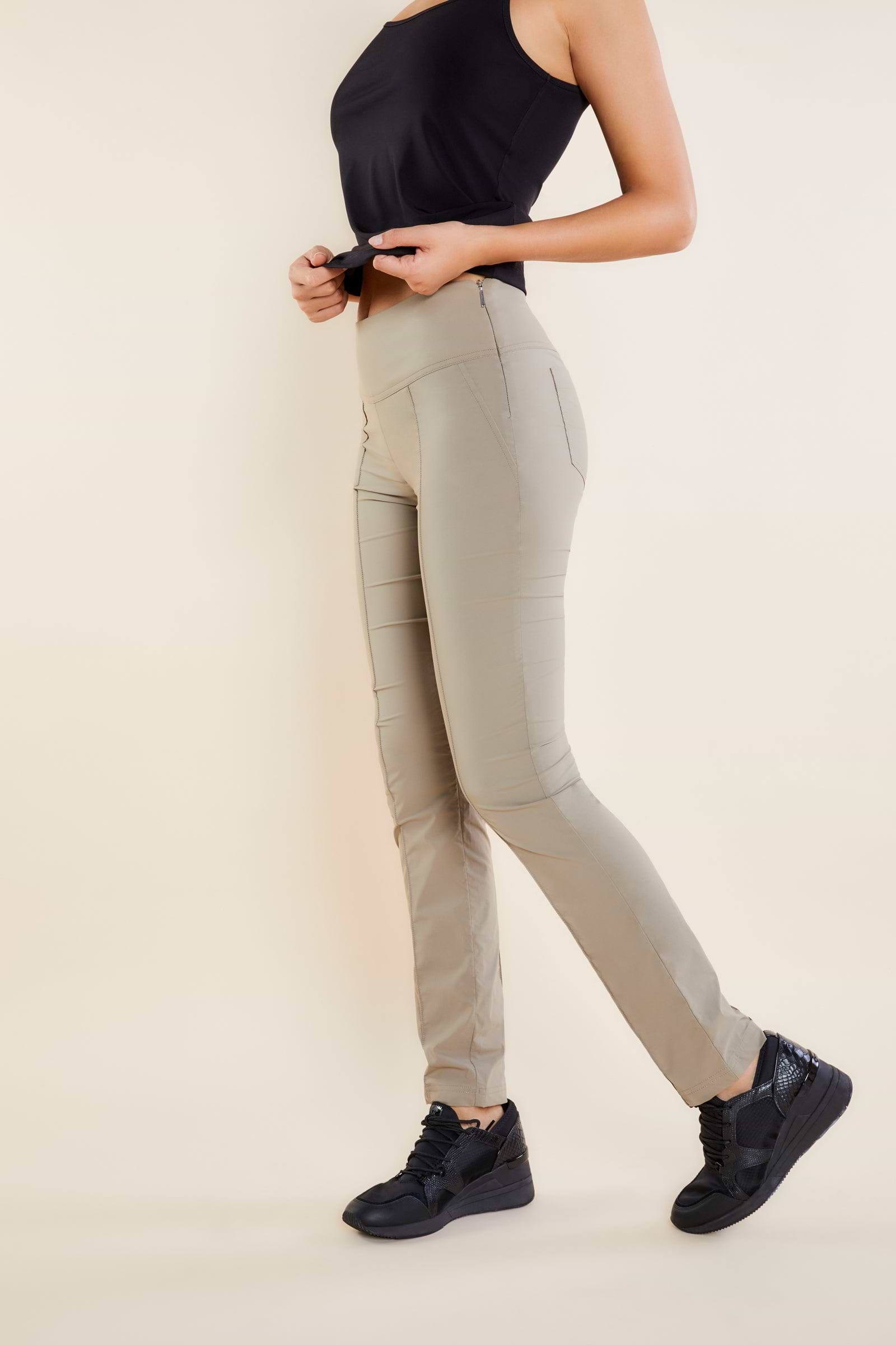The Best Travel Pants. Side Profile of the Sonia Curvy High Rise Pant in Khaki