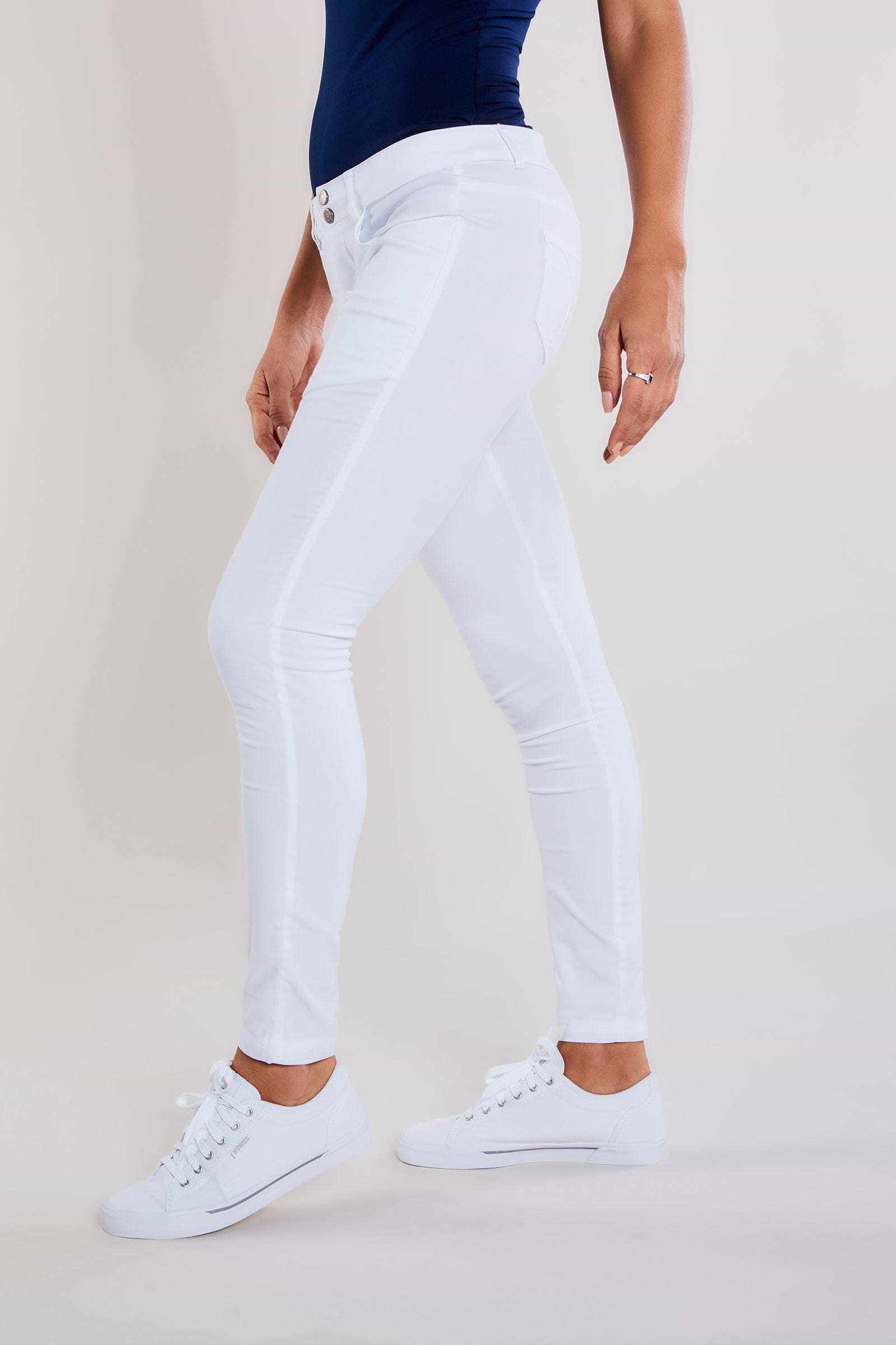 The Best Travel Pants. Side Profile of the Luisa Skinny Jean Pant in White
