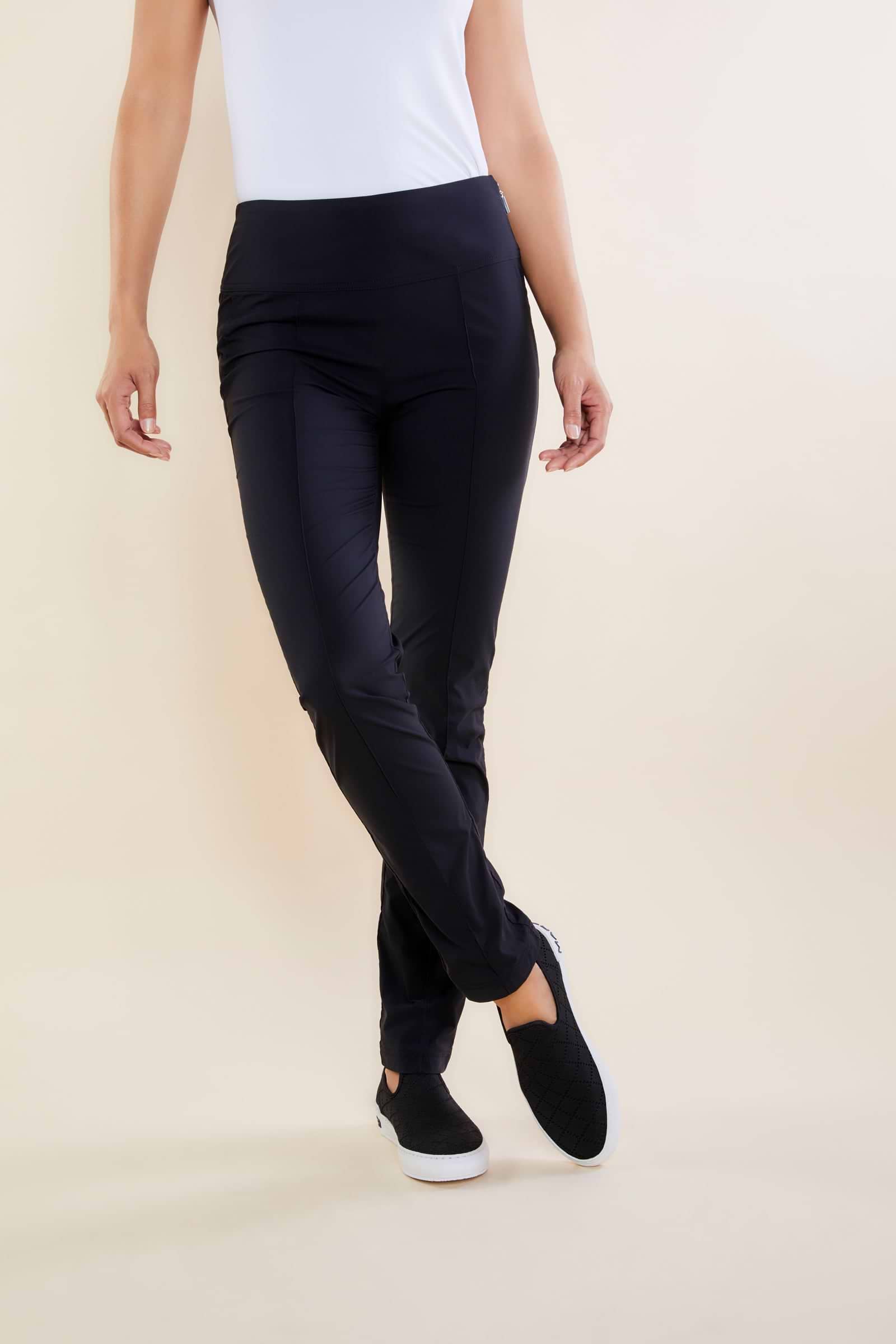 The Best Travel Pants. Front Profile of the Sonia Curvy High Rise Pant in Black