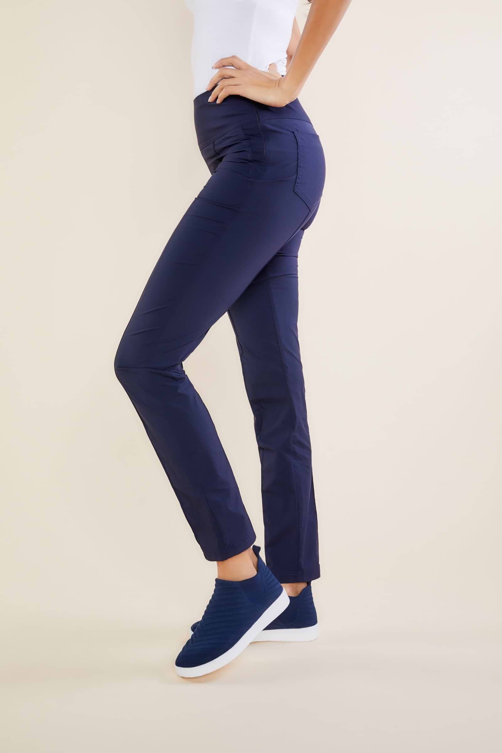 The Best Travel Pants. Side Profile of the Sonia Curvy High Rise Pant in Navy
