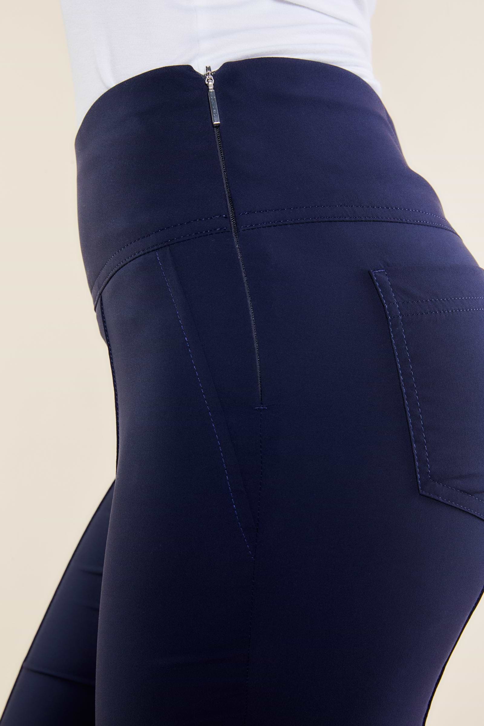 The Best Travel Pants. Side Zipper of the Sonia Curvy High Rise Pant in Navy