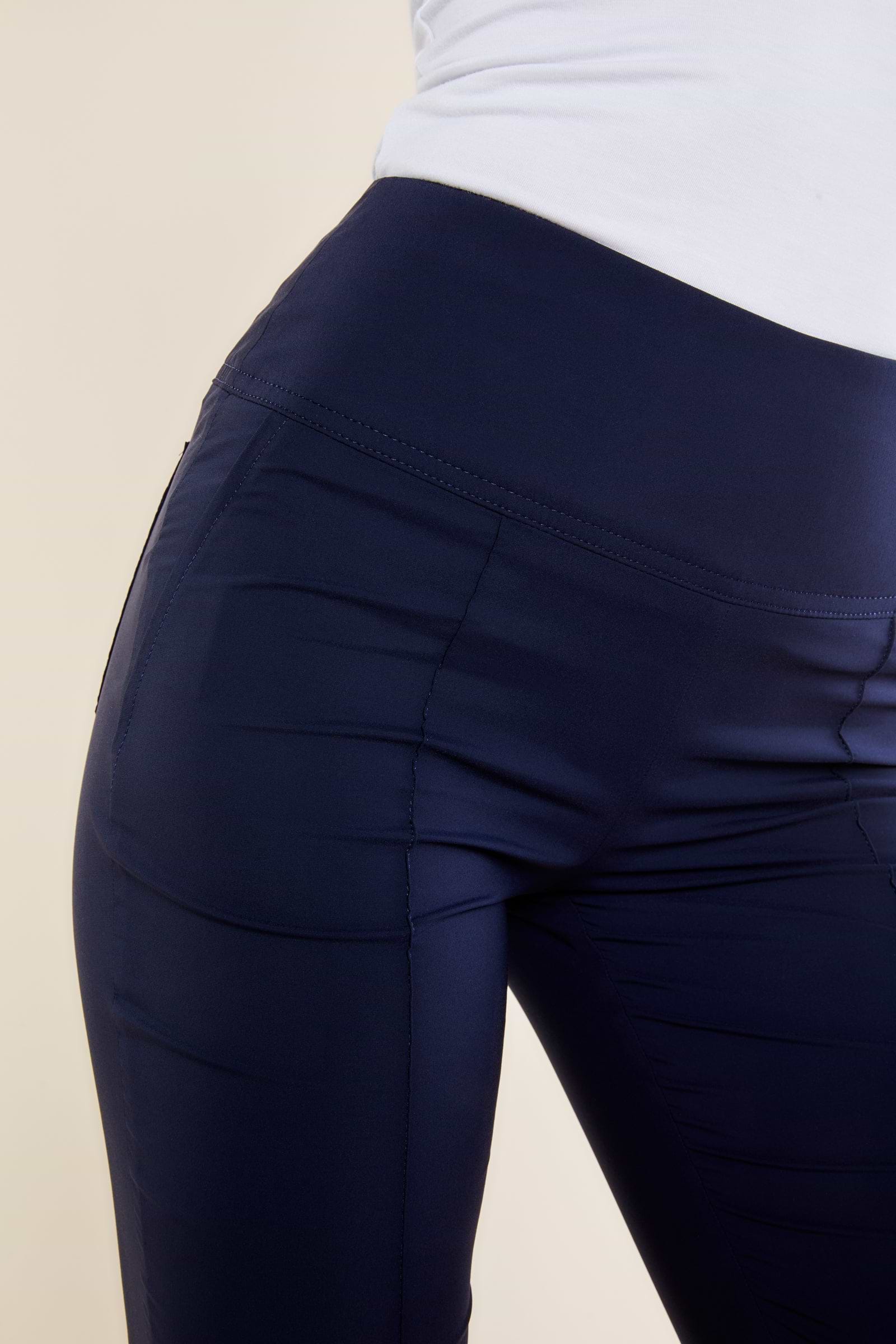 The Best Travel Pants. Front Details of the Sonia Curvy High Rise Pant in Navy