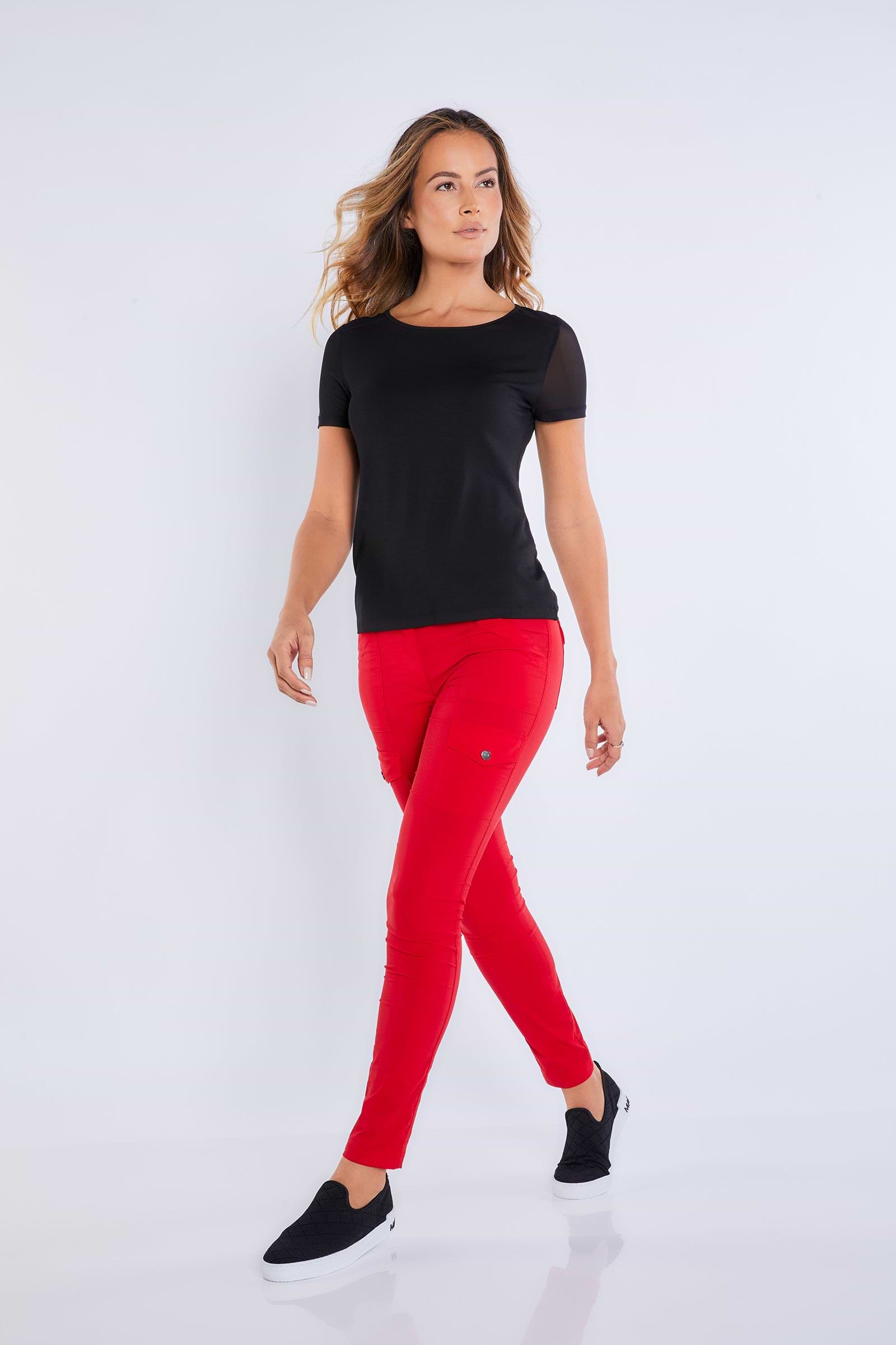The Best Travel Cargo Pants. Front Profile of the Kate Skinny Cargo Pant in Atomic Red.