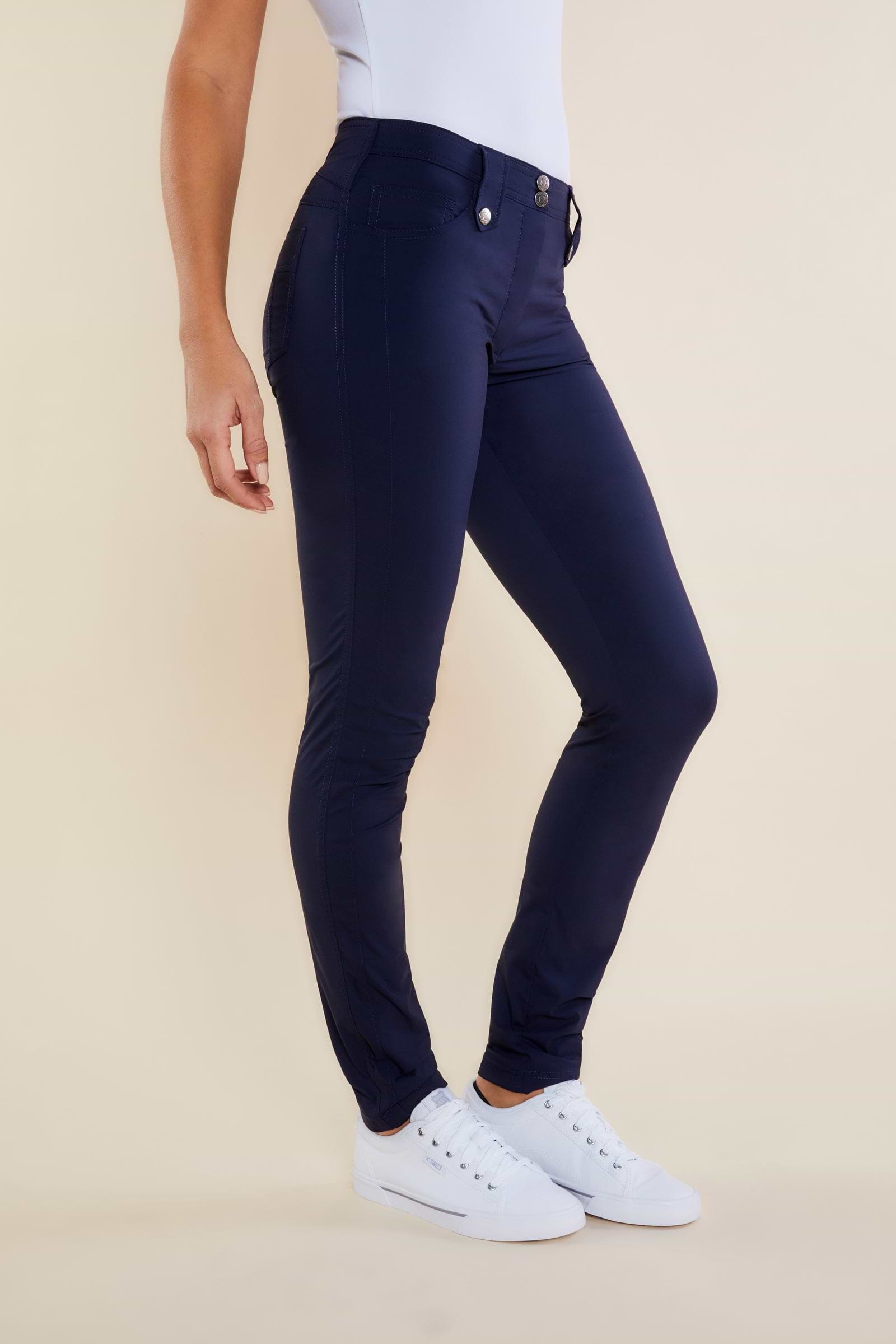 The Best Travel Pants. Side Profile of the Skyler Travel Pant in Navy