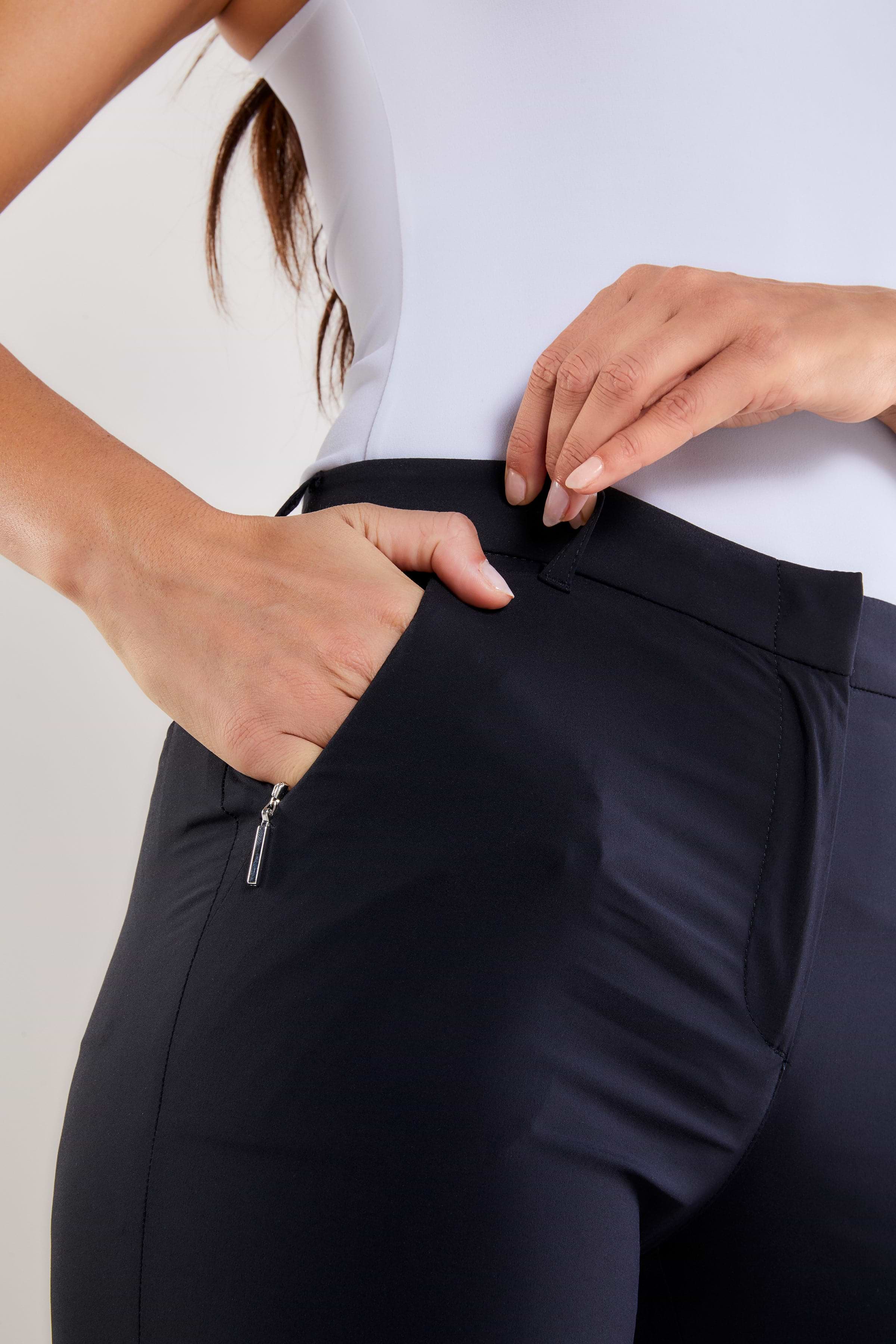 The Best Travel Pants. Front Pocket of the Thea Curvy Pant in Black