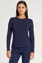 The Best Travel Top. Woman Showing the Front Profile of a Tony Pima Cotton Long-Sleeve Top in Navy