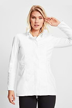 The Best Travel Jacket. Woman Showing the Front Profile of a Travel City Slick Jacket in White