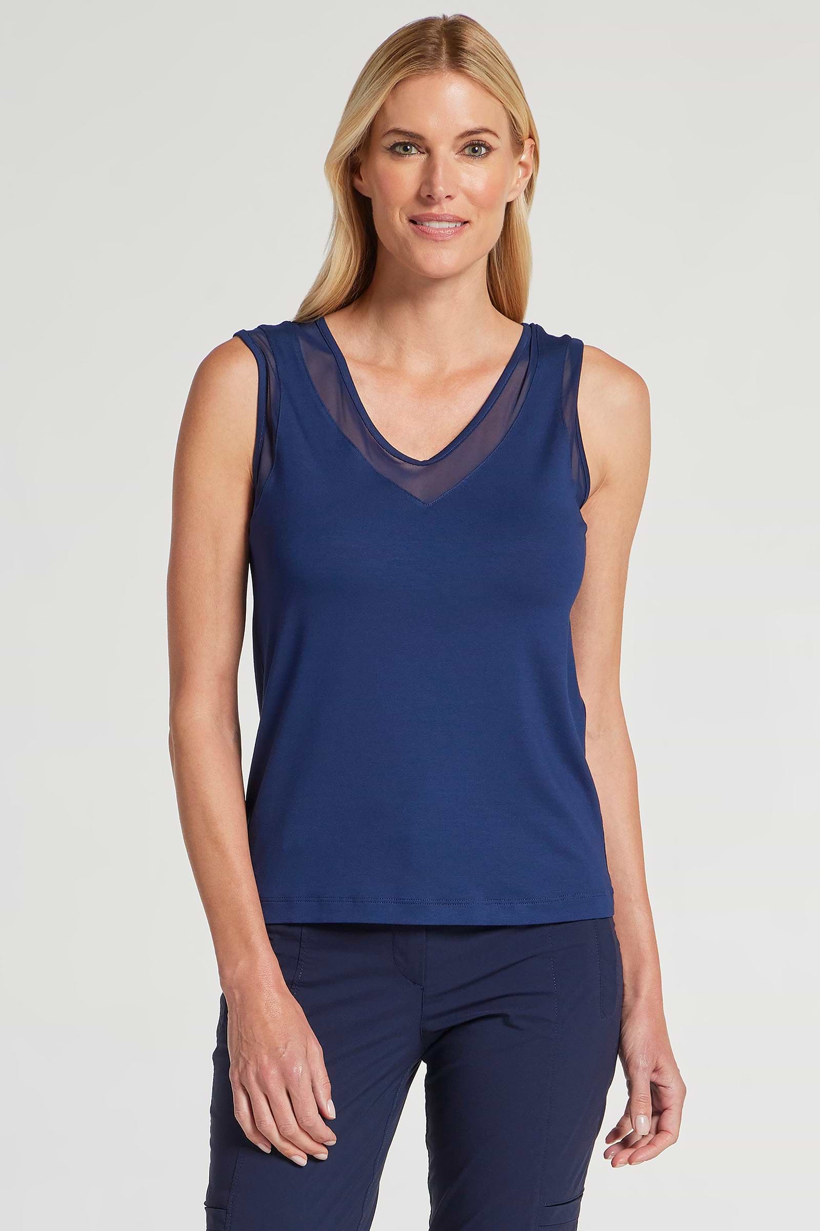 The Best Travel Tank Top. Woman Showing the Front Profile of a Jackson Pima Tank in Navy.