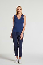 The Best Travel Tank Top. Woman Showing the Front Profile of a Jackson Pima Tank in Navy.